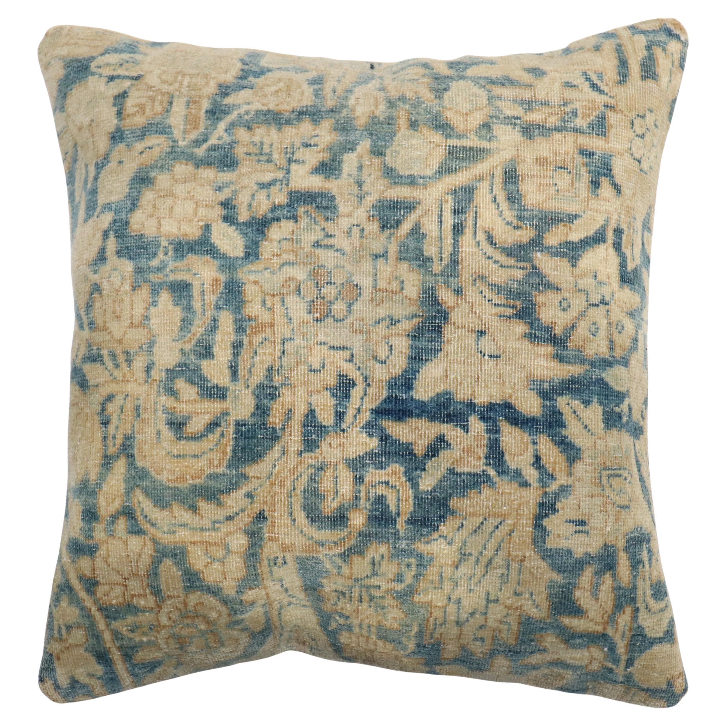 Zabihi Collection Persian Blue Tan Kerman Antique Rug Pillow For Sale