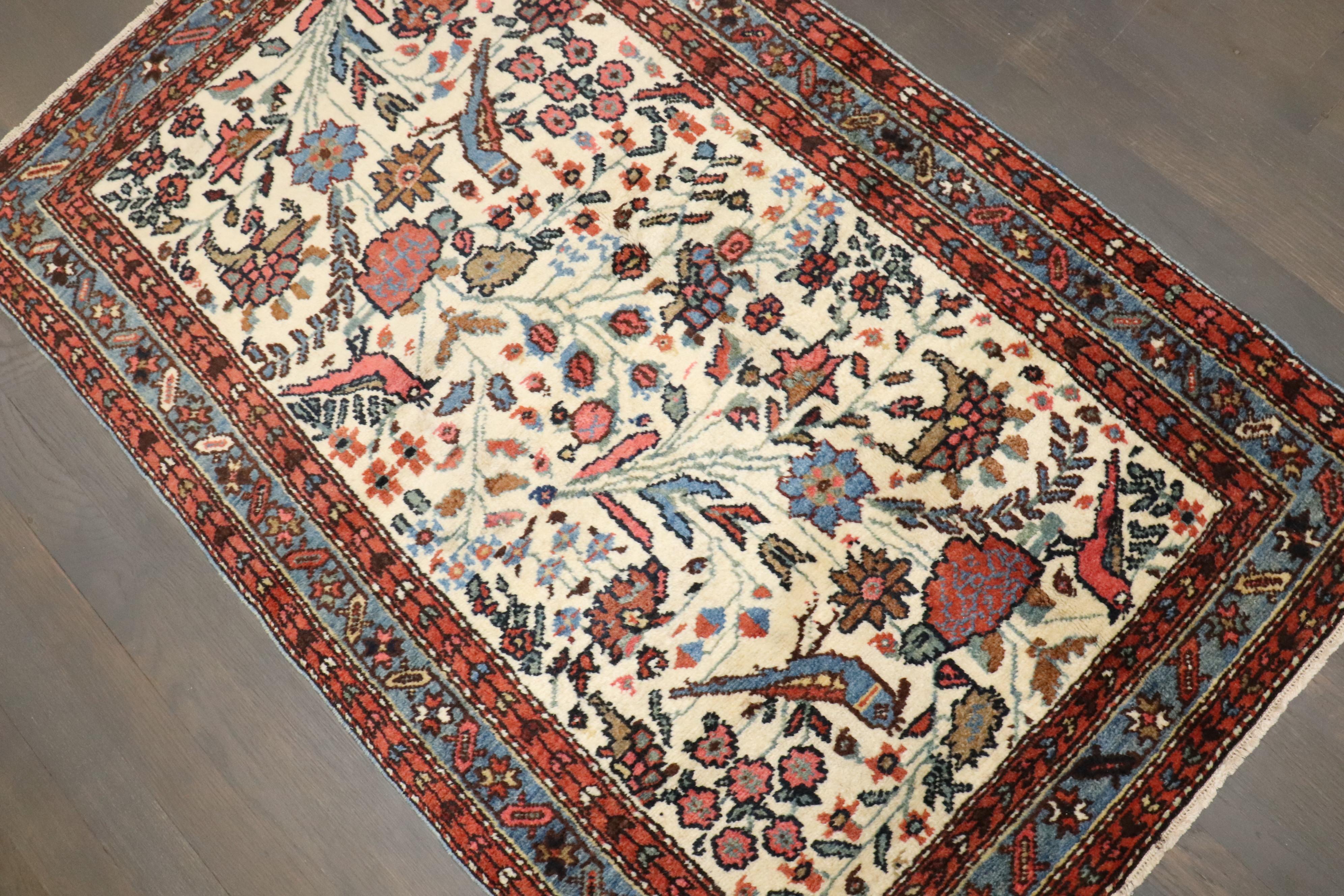 Annodato a mano Tappeto Zabihi Collection'S Persiano Malayer Avorio Uccello Piccolo in vendita
