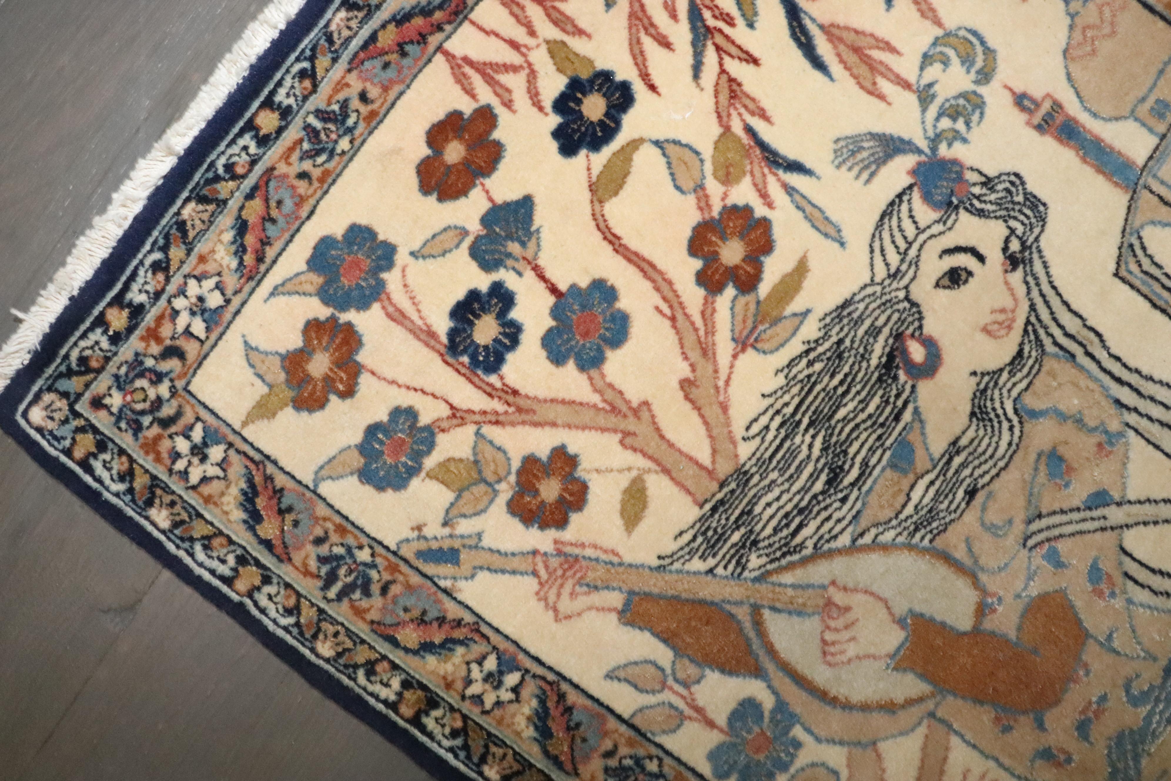 Alfombra Persa Nain Pictórica Dama con Banjo Colección Zabihi siglo XX en venta