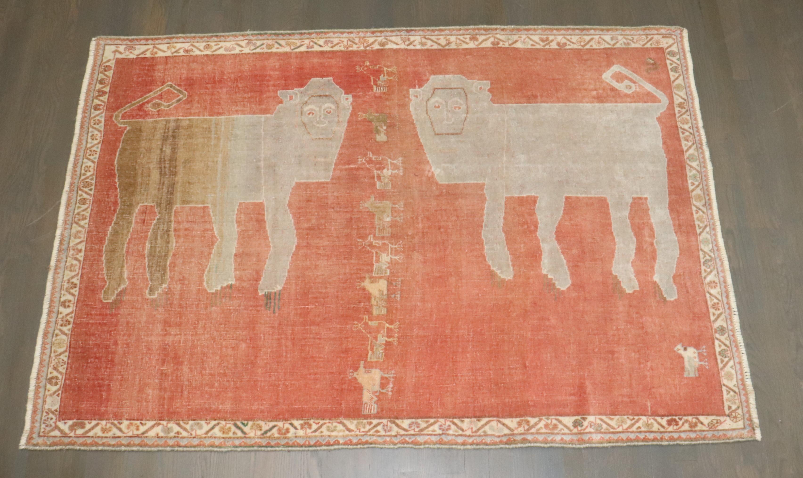 Hand-Knotted Zabihi Collection Persian Pictorial Animal Gabbeh Rug For Sale