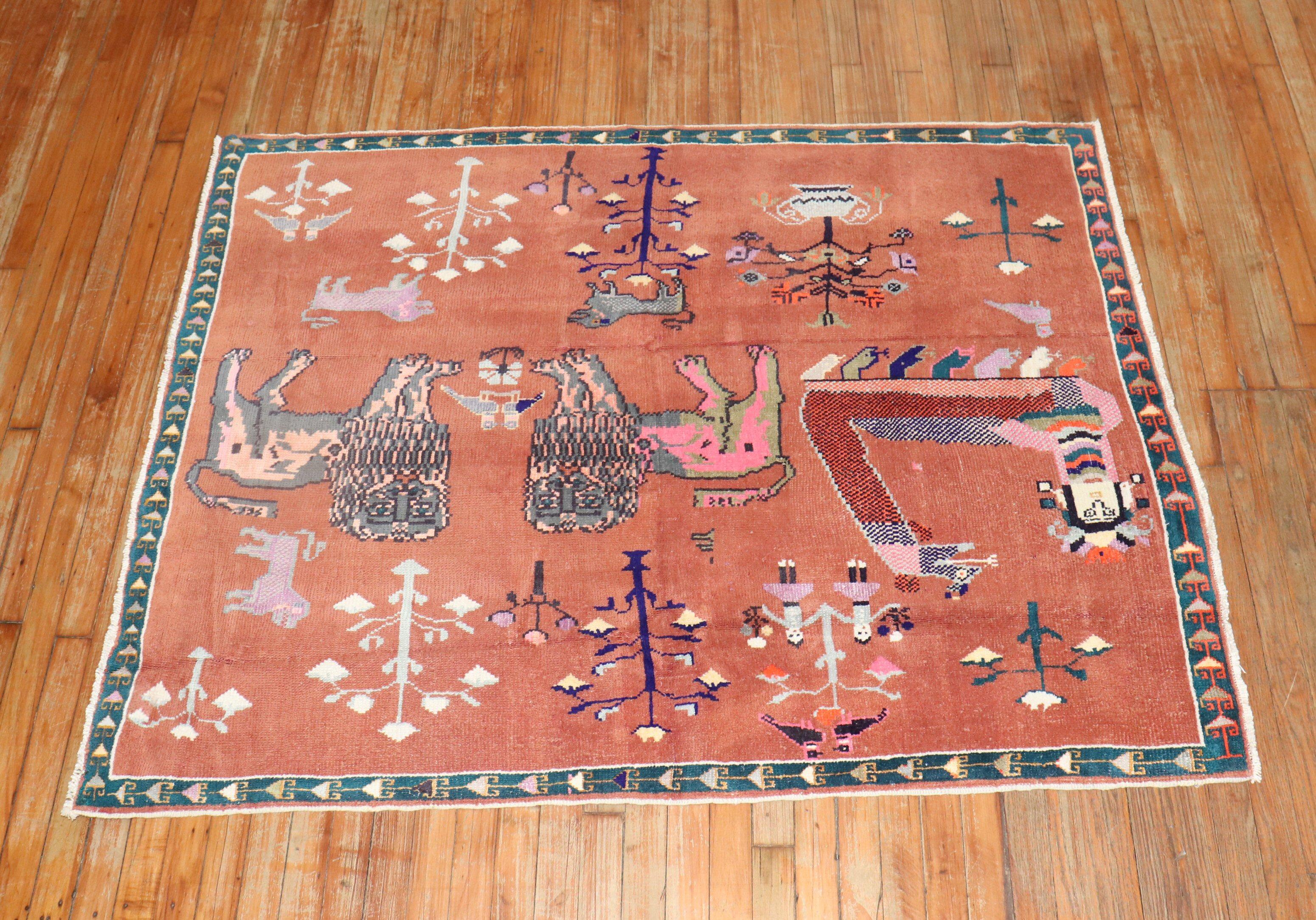 Hand-Knotted Zabihi Collection Persian Pictorial Animal Rug For Sale