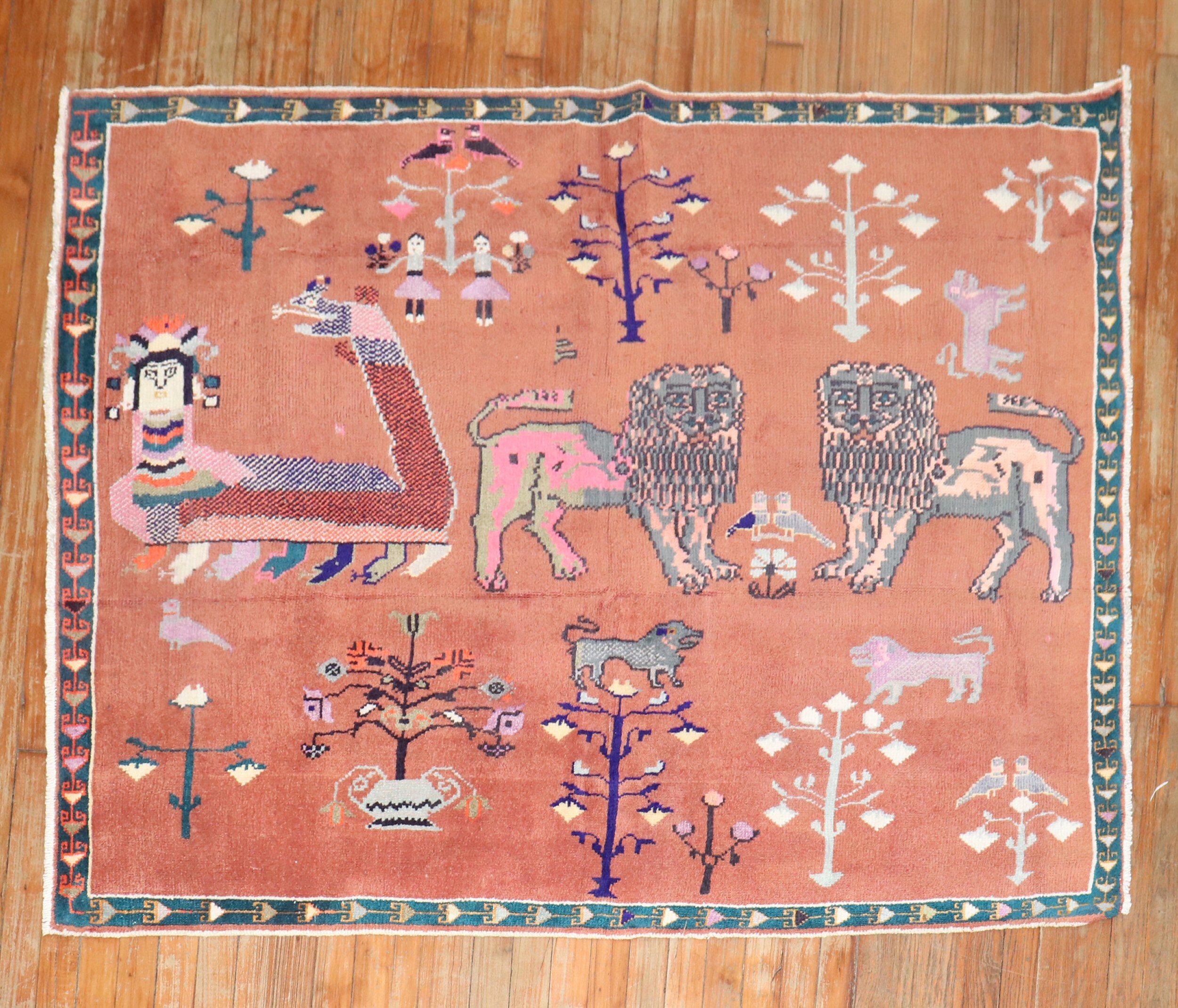 Zabihi Collection Persian Pictorial Animal Rug In Good Condition For Sale In New York, NY