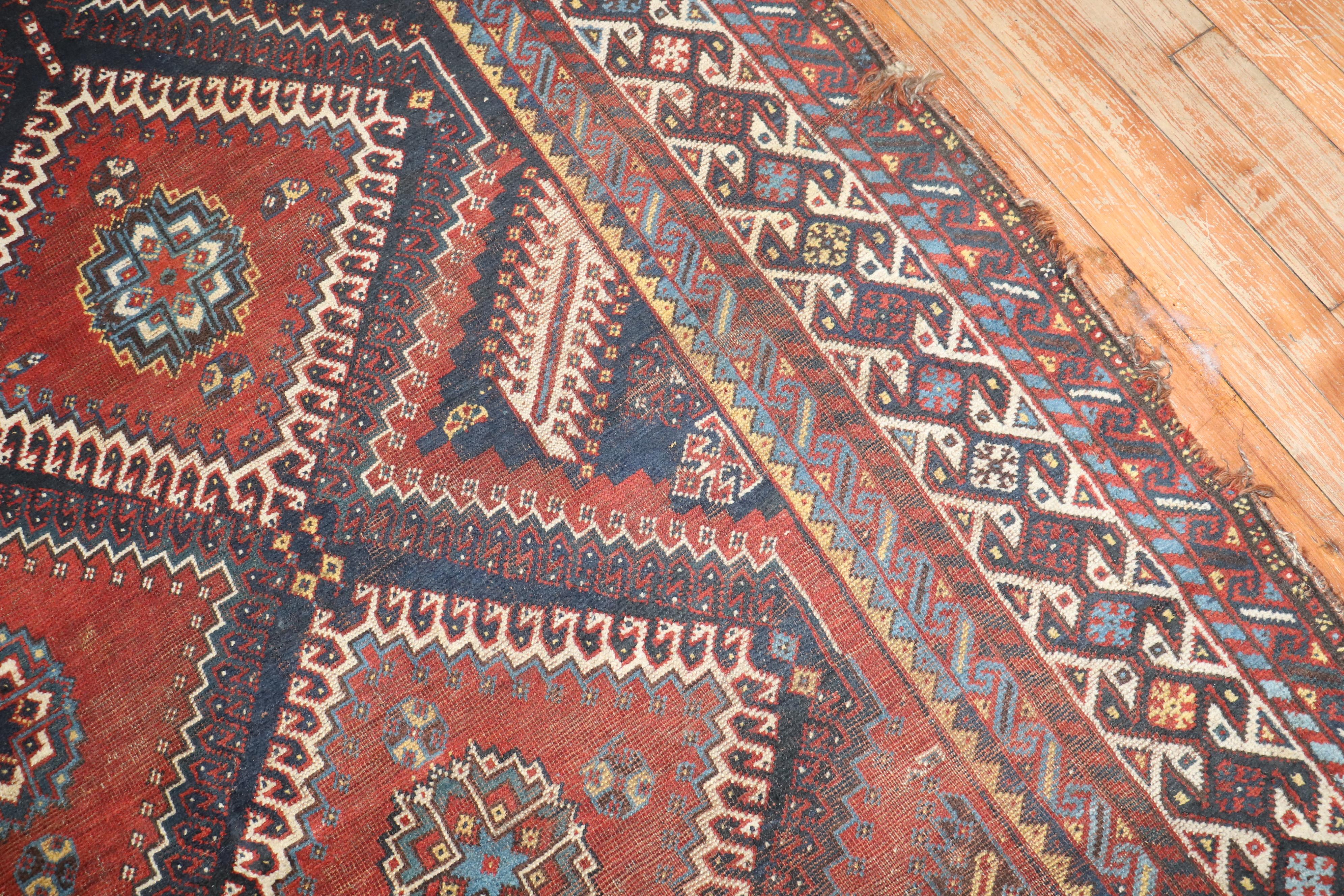 Hand-Woven Zabihi Collection Persian Shiraz Worn Tribal Gallery Rug For Sale