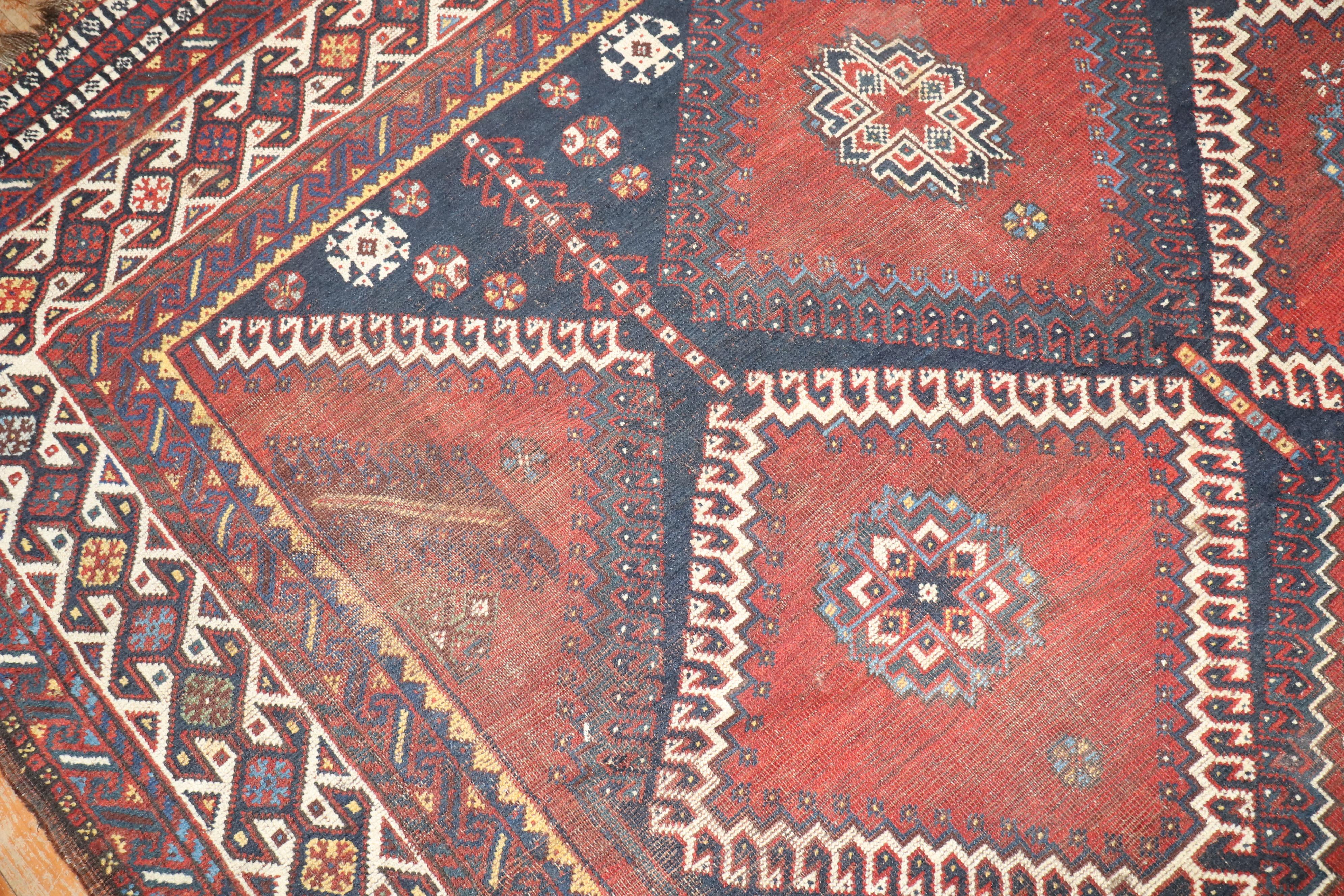 Wool Zabihi Collection Persian Shiraz Worn Tribal Gallery Rug For Sale
