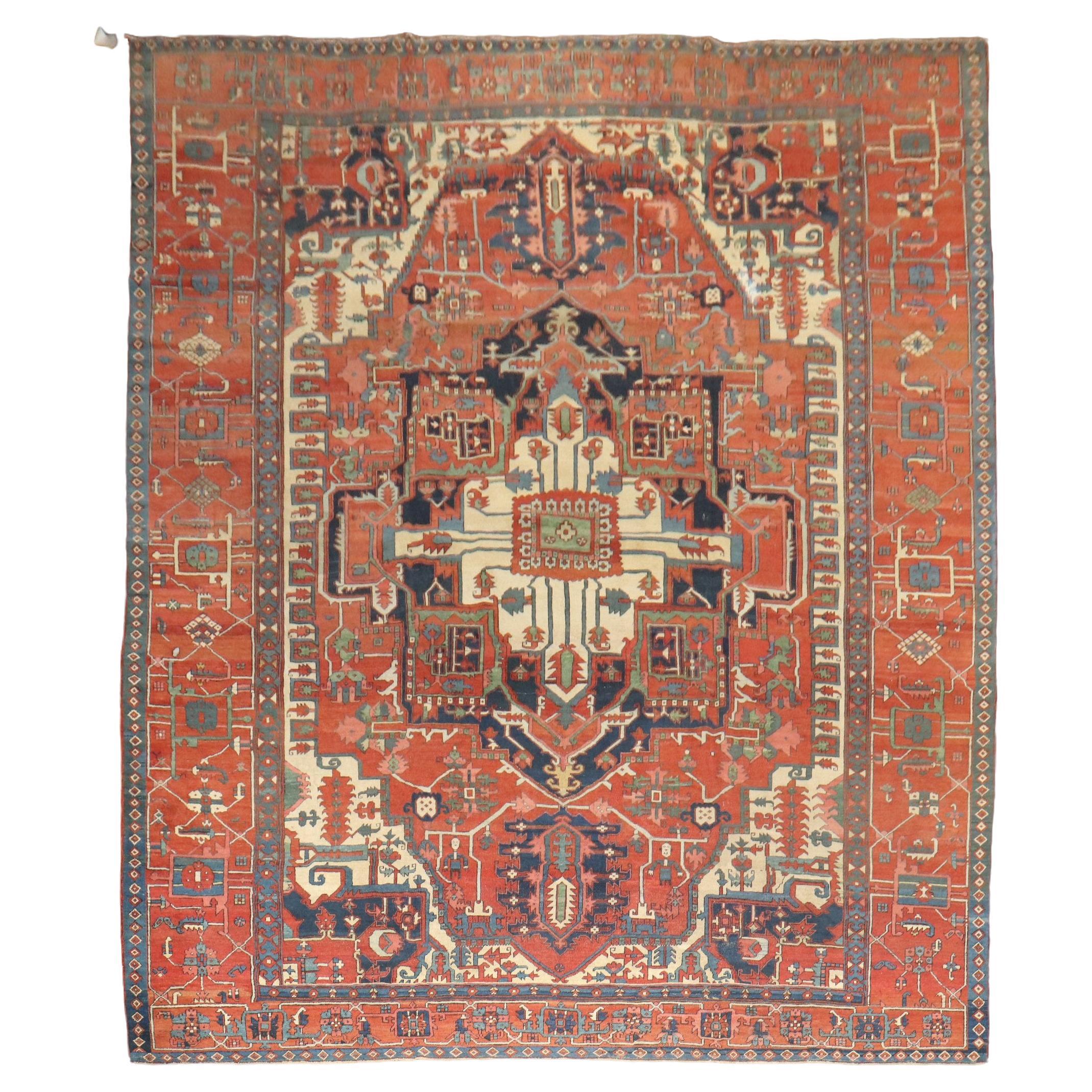 Zabihi Collection Pictorial Animal Figure Antique Persian Serapi Carpet For Sale