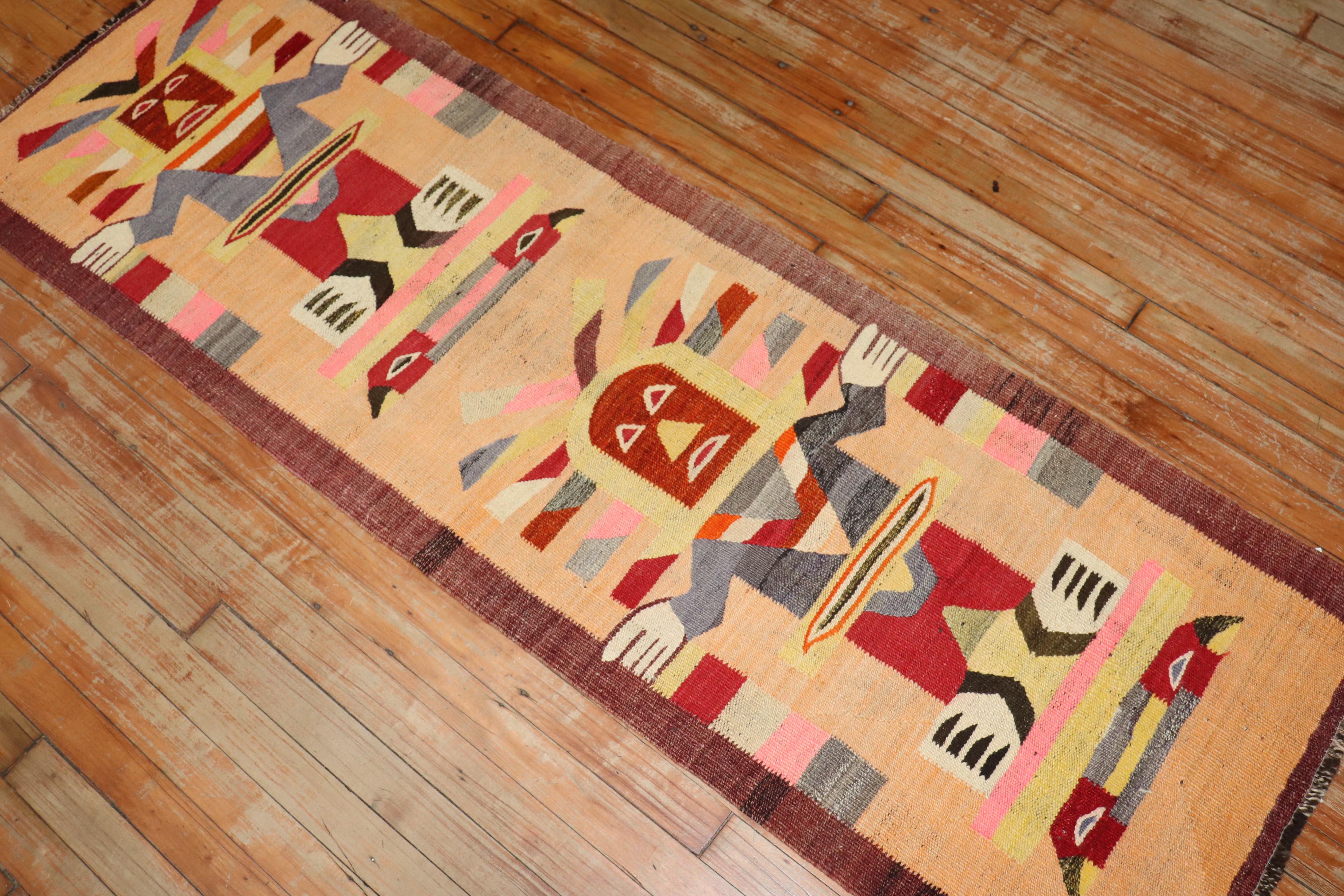 Turkish Zabihi Collection Pictorial Buddhist North African Kilim Runner For Sale