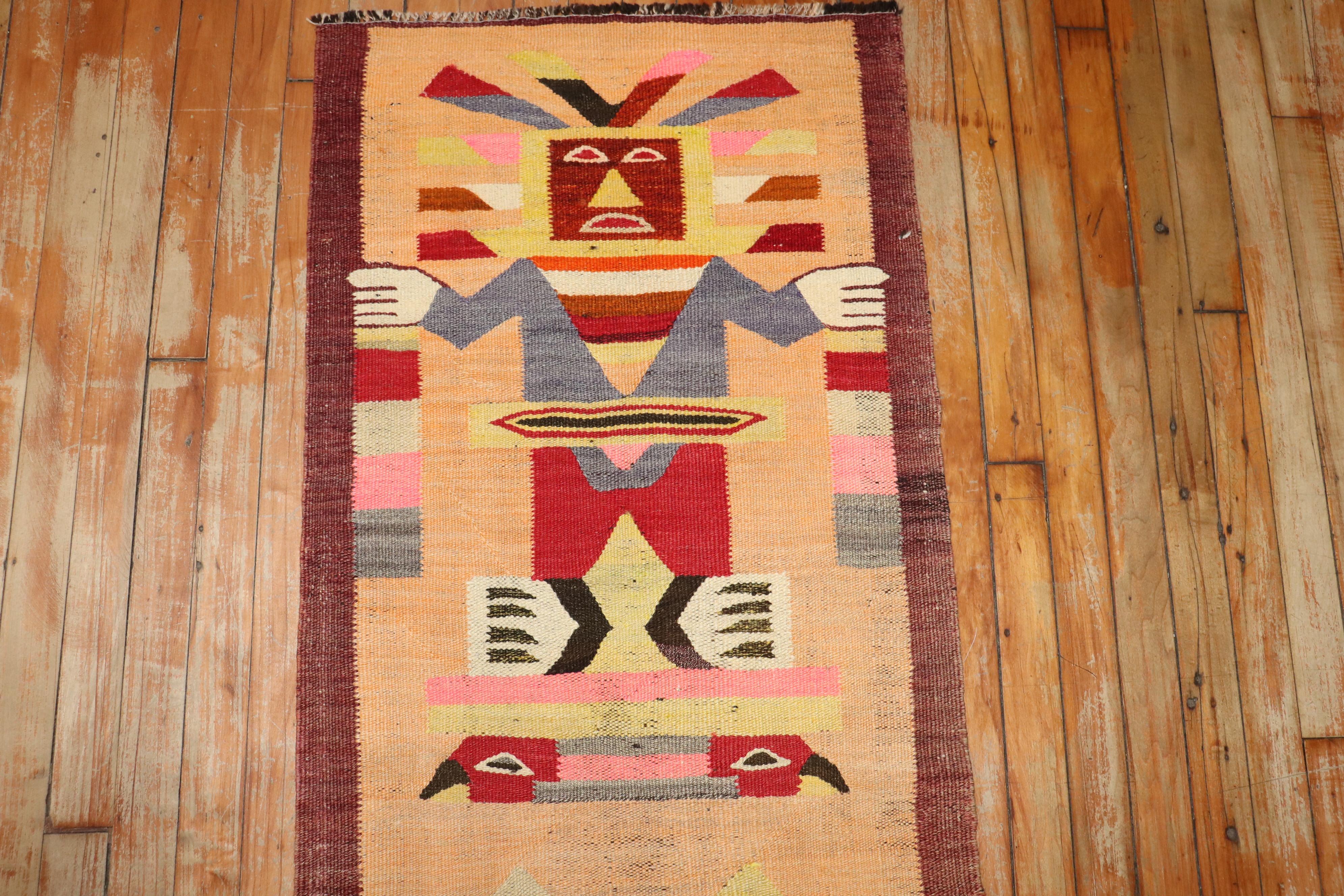 Hand-Knotted Zabihi Collection Pictorial Buddhist North African Kilim Runner For Sale