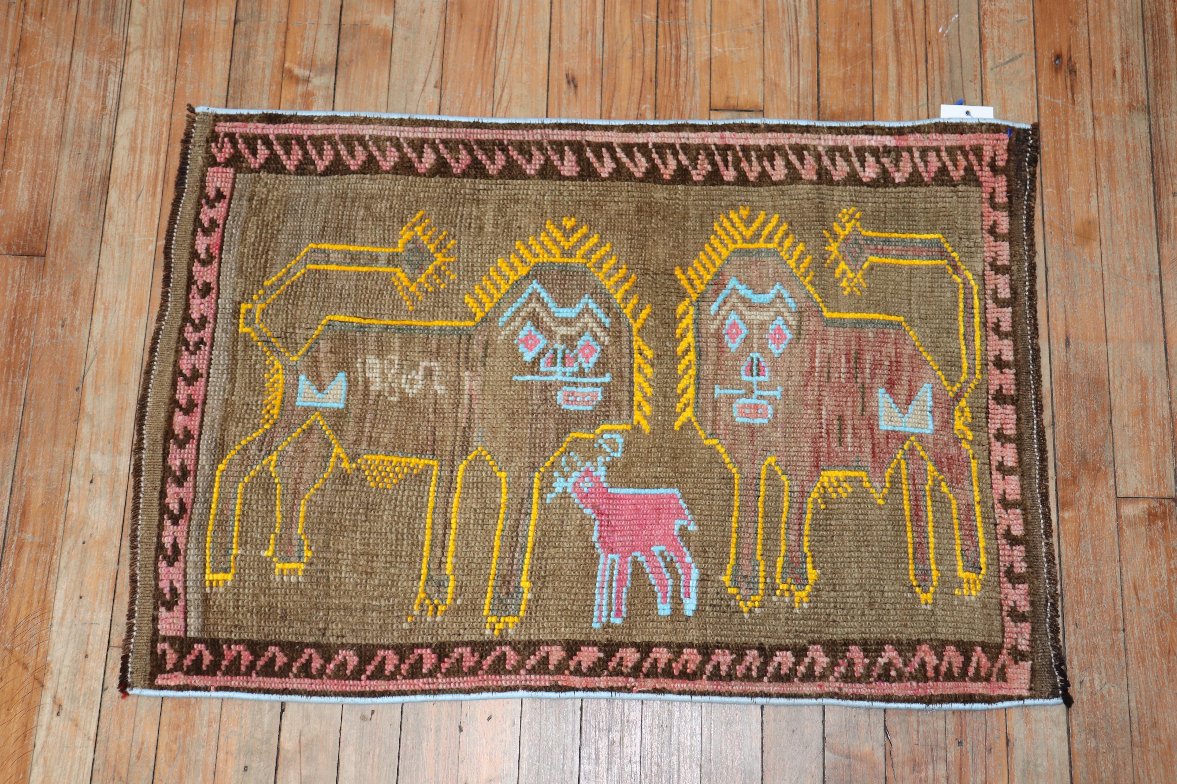 Colección Zabihi León pictórico Oveja Alfombra turca vintage fechada en 1980 Arte popular en venta
