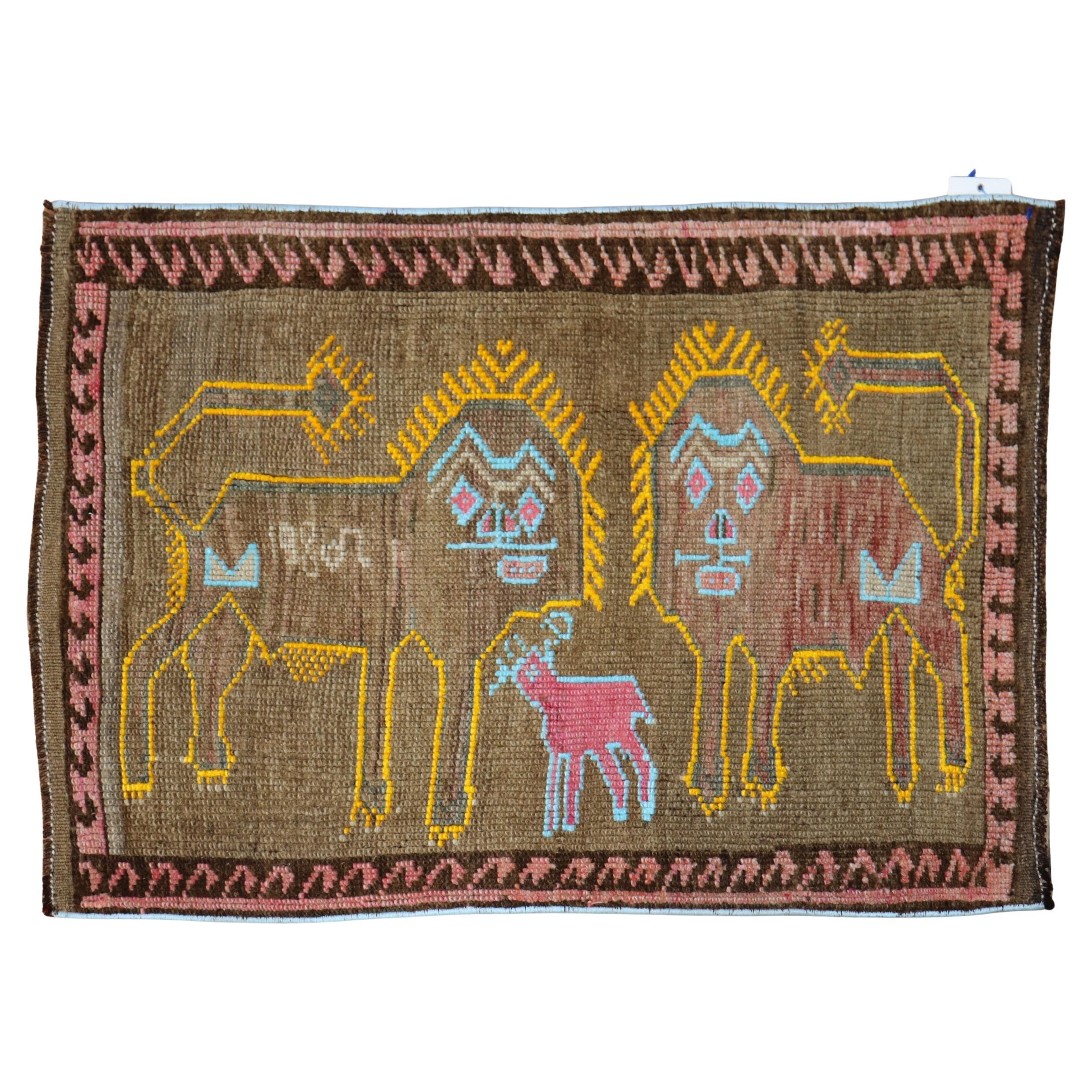 Zabihi Collection Pictorial Lion Sheep Vintage Turkish Rug dated 1980