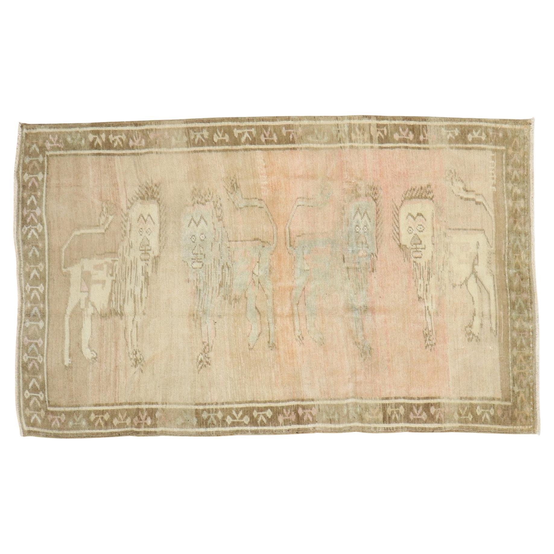 Zabihi Collection Pictorial Lion Vintage Turkish Rug