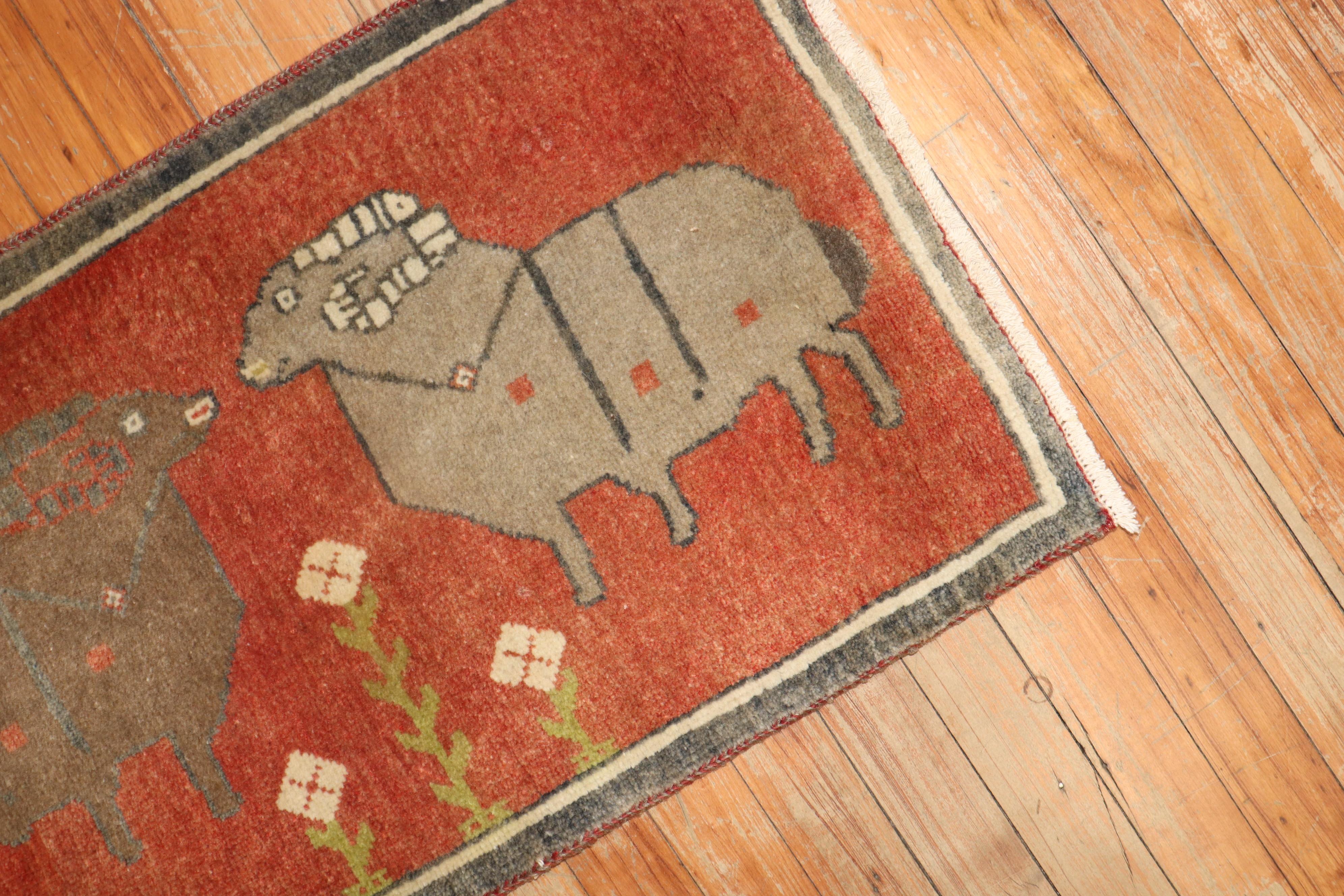 Folk Art Zabihi Collection Pictorial  Sheep Ram Animal Mini Rug For Sale