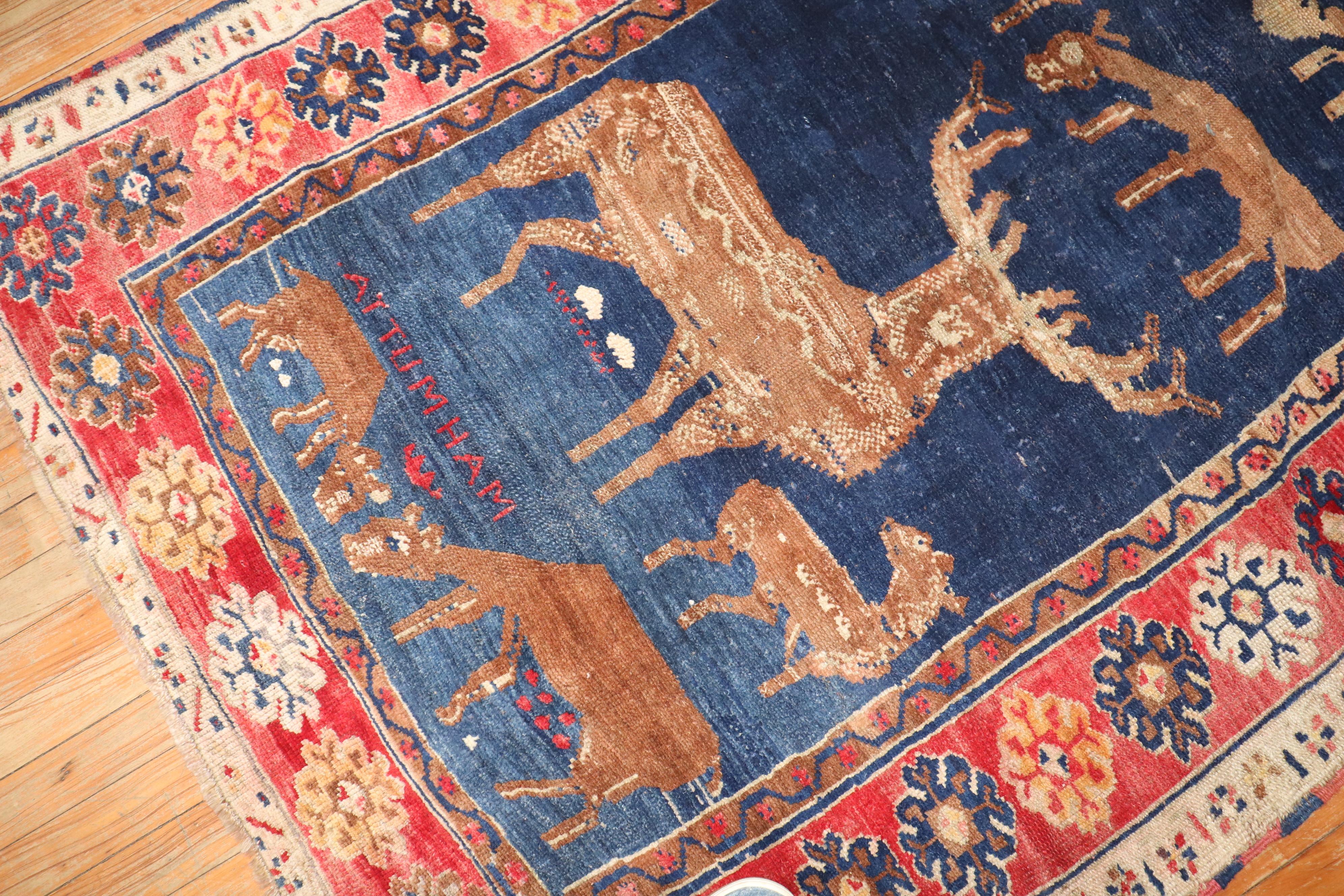Hand-Woven Zabihi Collection Pictorial Turkish Deer Pictorial Animal Dowry Rug For Sale