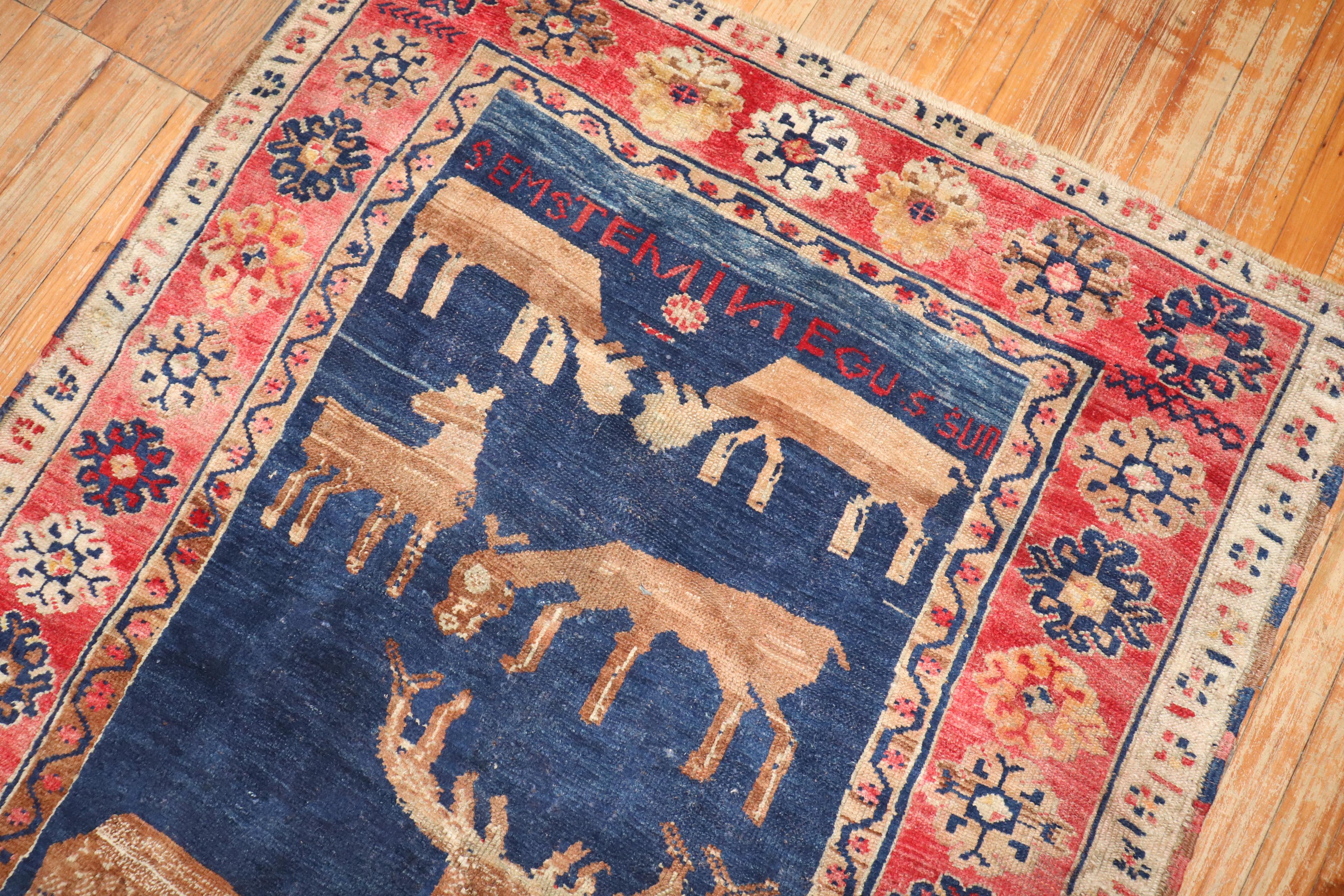 Zabihi Collection Pictorial Turkish Deer Pictorial Animal Dowry Rug In Good Condition For Sale In New York, NY