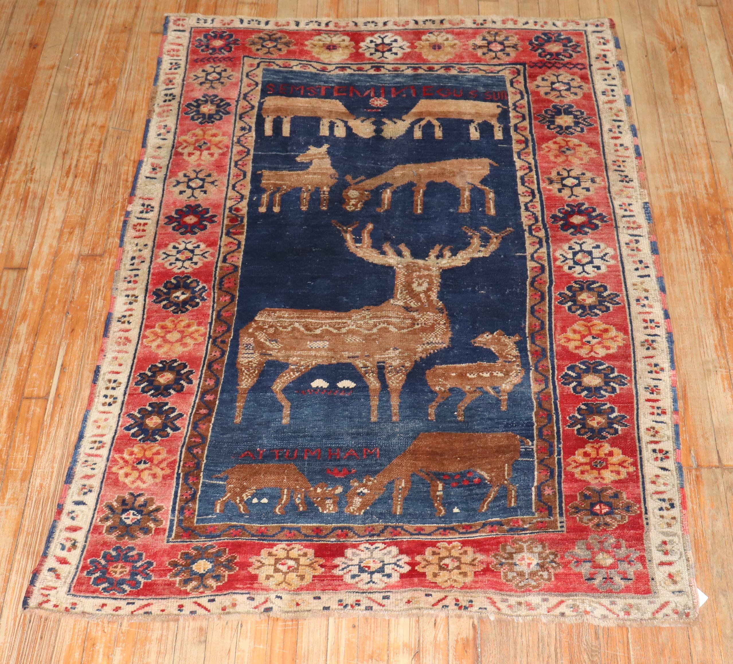 Wool Zabihi Collection Pictorial Turkish Deer Pictorial Animal Dowry Rug For Sale