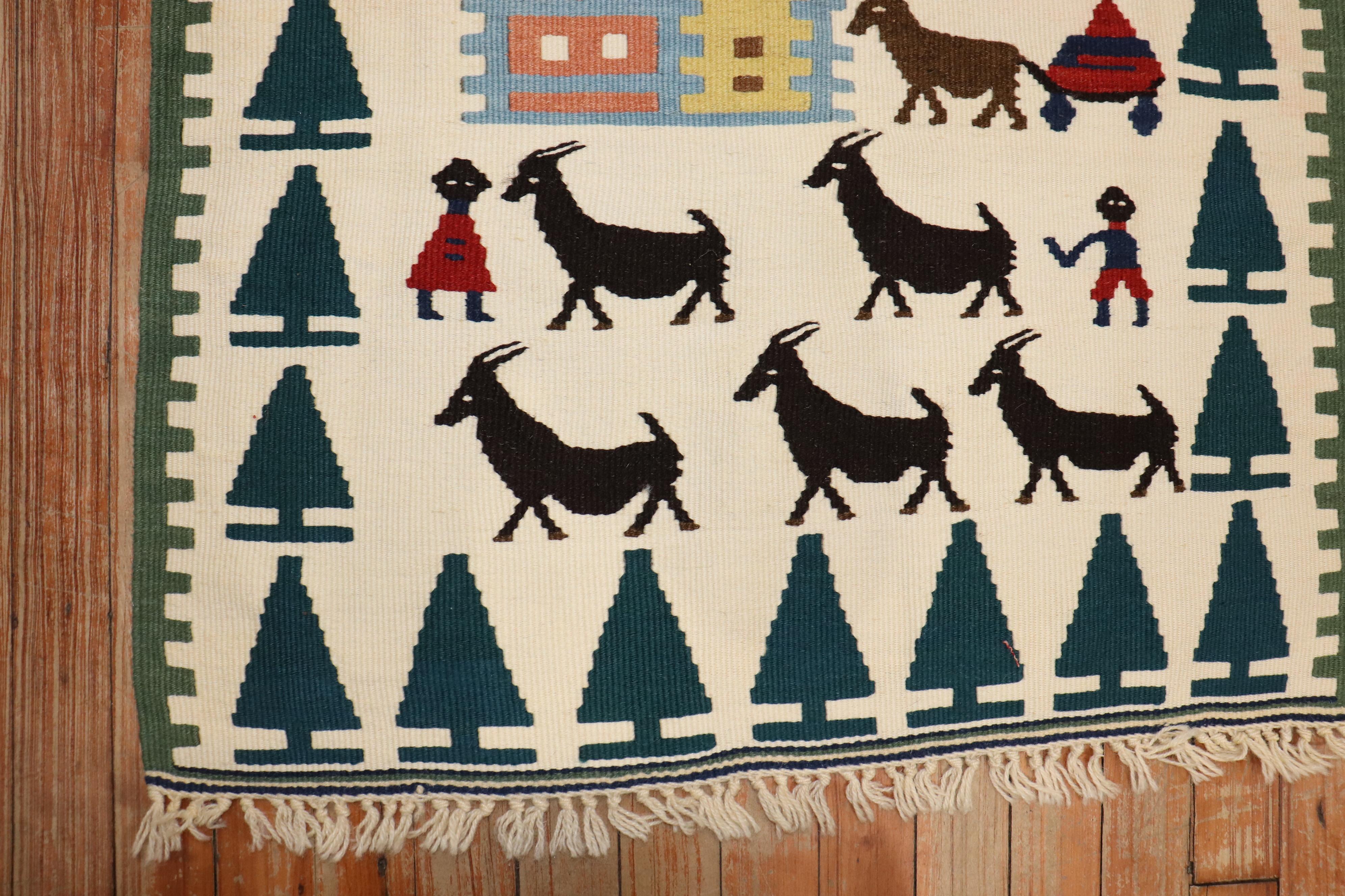 Hand-Knotted Zabihi Collection Pictorial Turkish Kilim For Sale