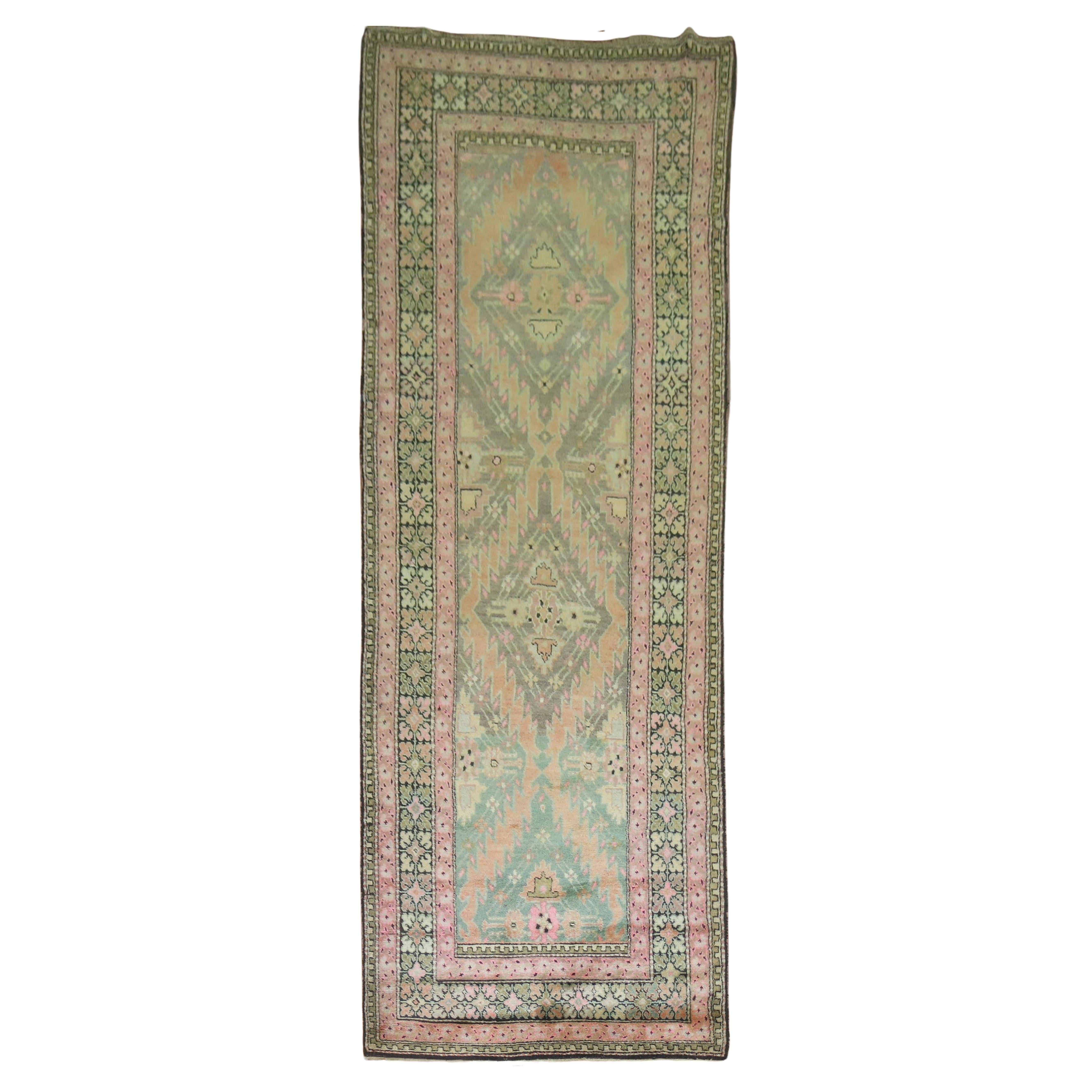 Zabihi Collection Pink and Green Vintage Karabagh Runner For Sale