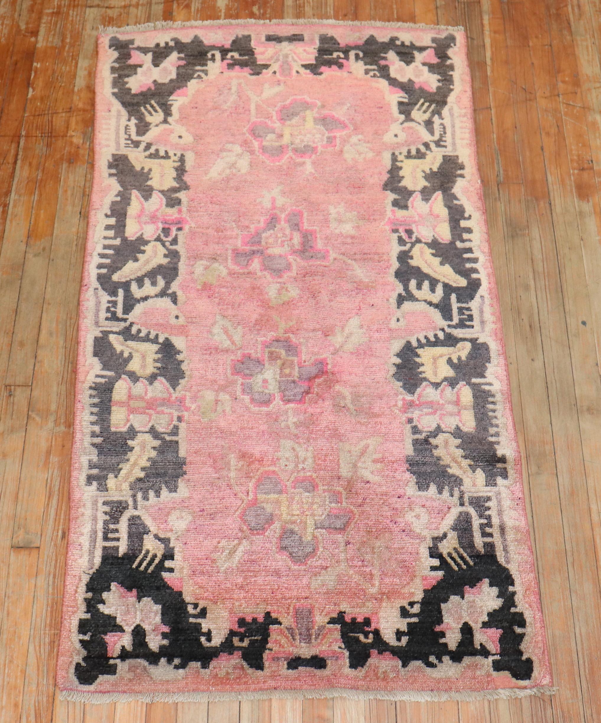 Wool Zabihi Collection Pink Floral Tibetan Rug For Sale