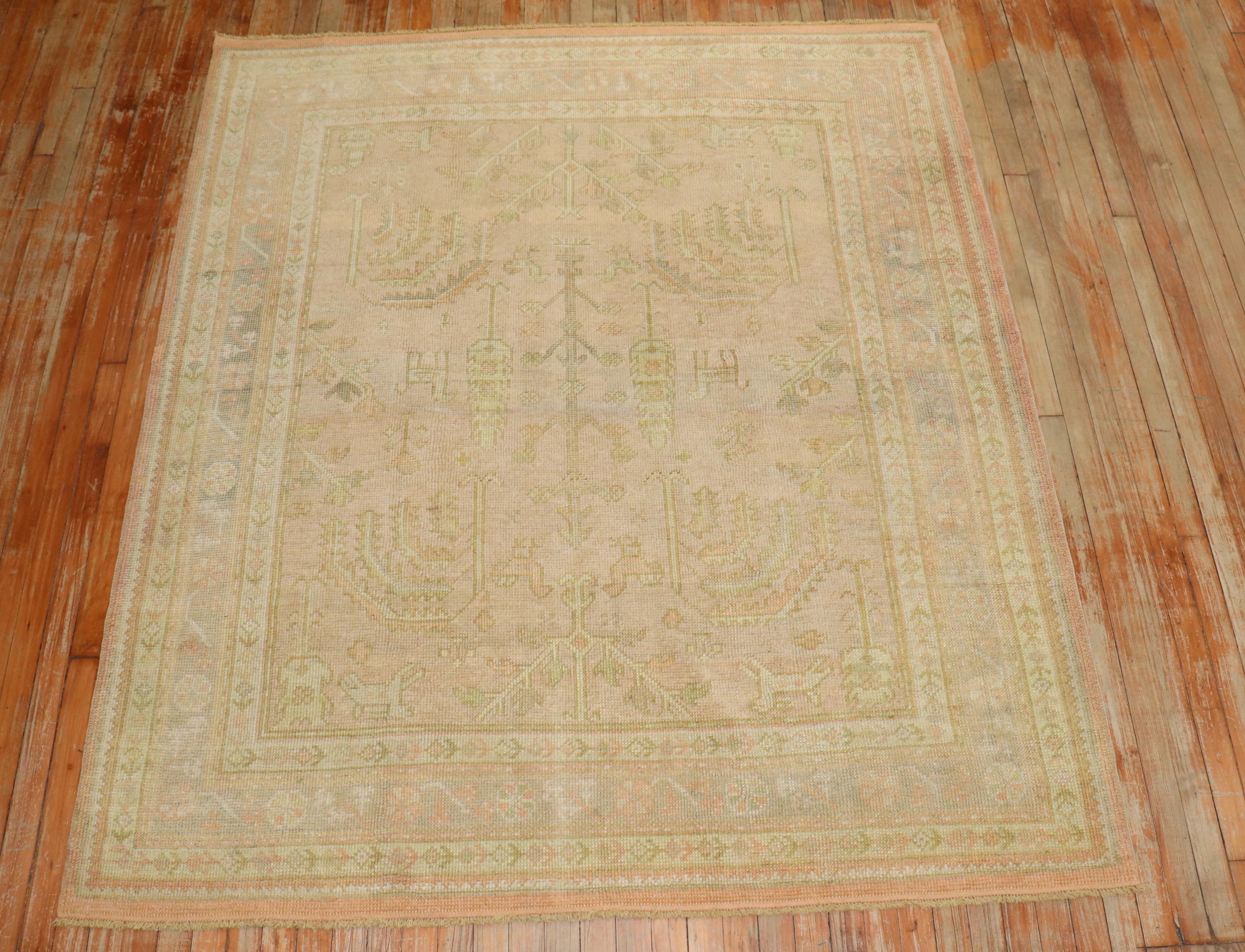 Country Zabihi Collection Pink Square Turkish Oushak Rug For Sale