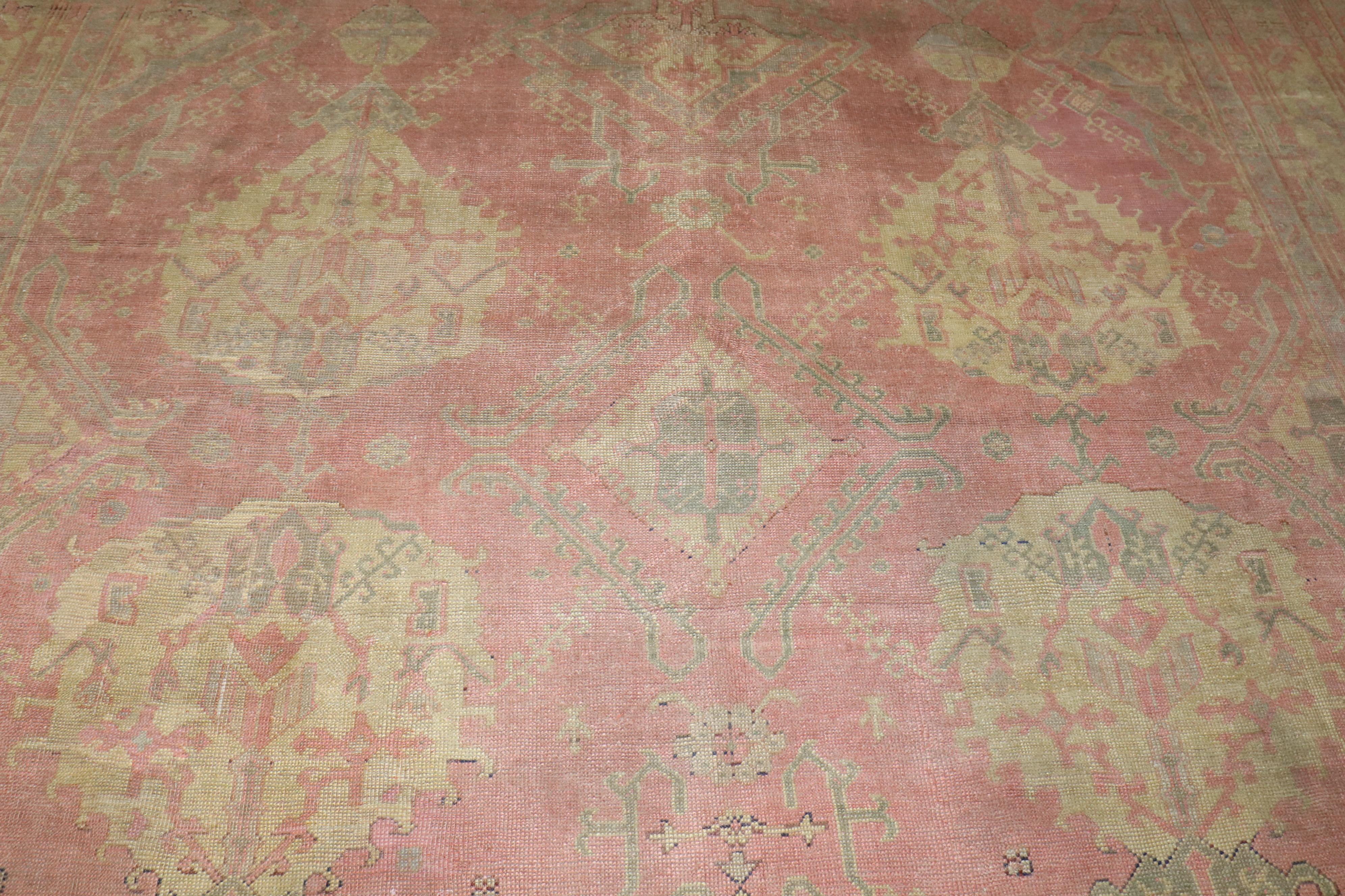 Zabihi Collection Pink Oversize Turkish Oushak Rug For Sale 1