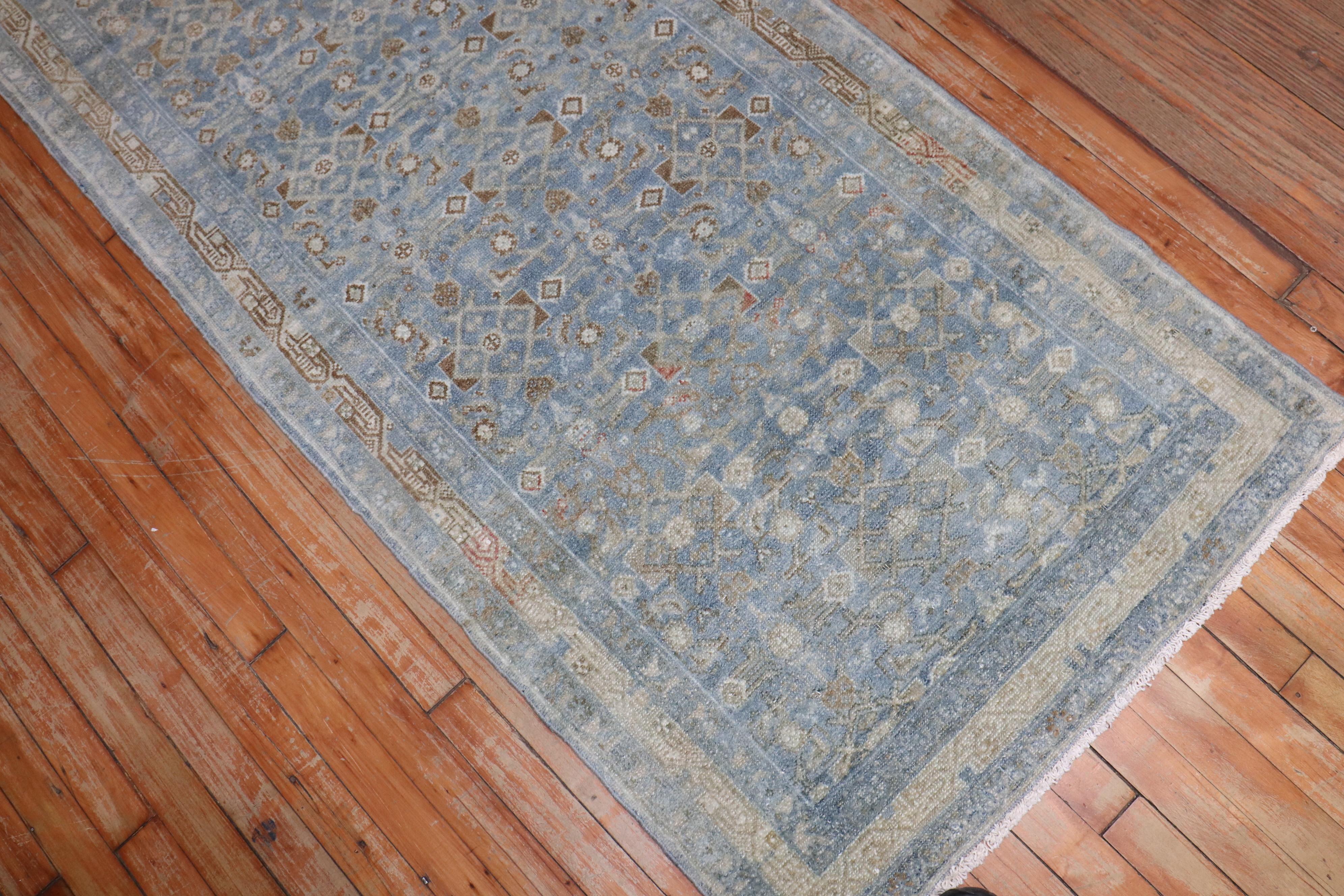 Hand-Woven Zabihi Collection Powder Blue Antique Persian Long Runner For Sale