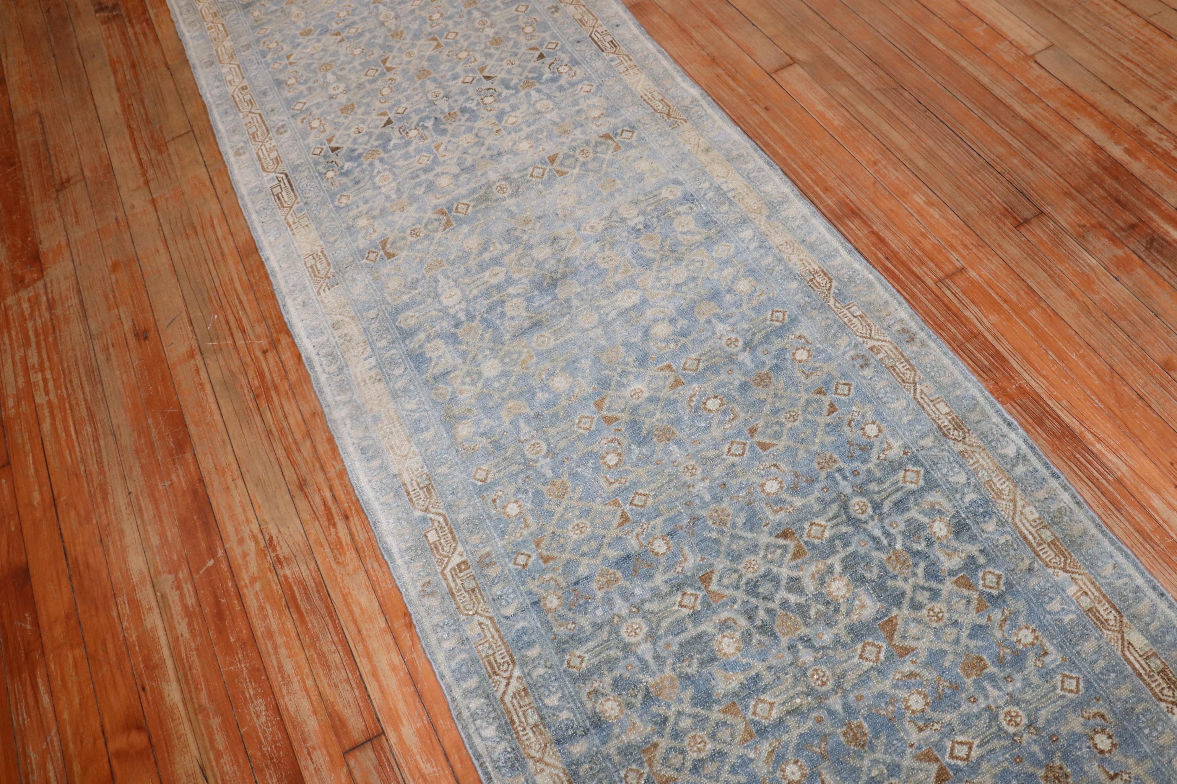 Zabihi Collection Powder Blue Antique Persian Long Runner In Good Condition For Sale In New York, NY