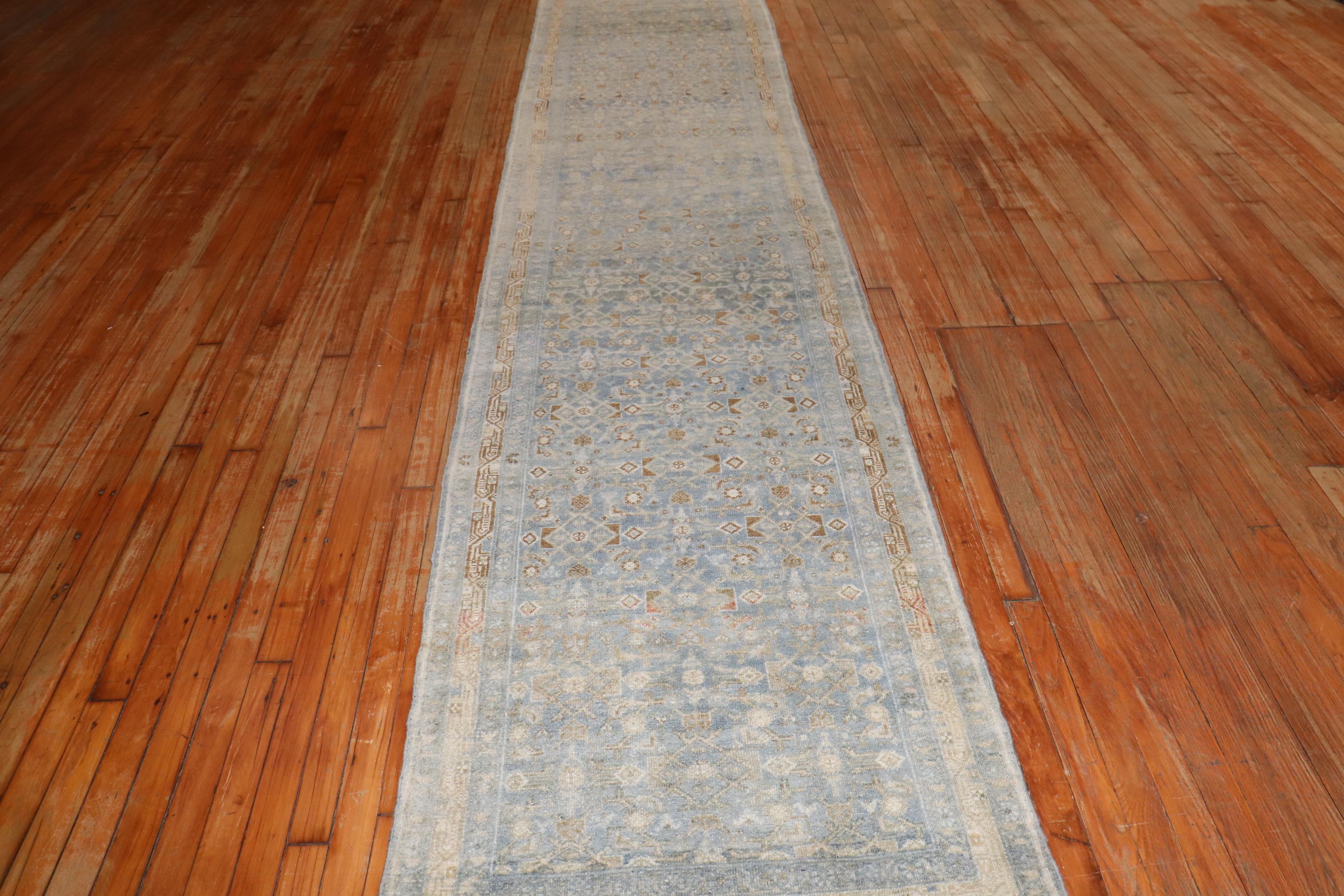 Wool Zabihi Collection Powder Blue Antique Persian Long Runner For Sale