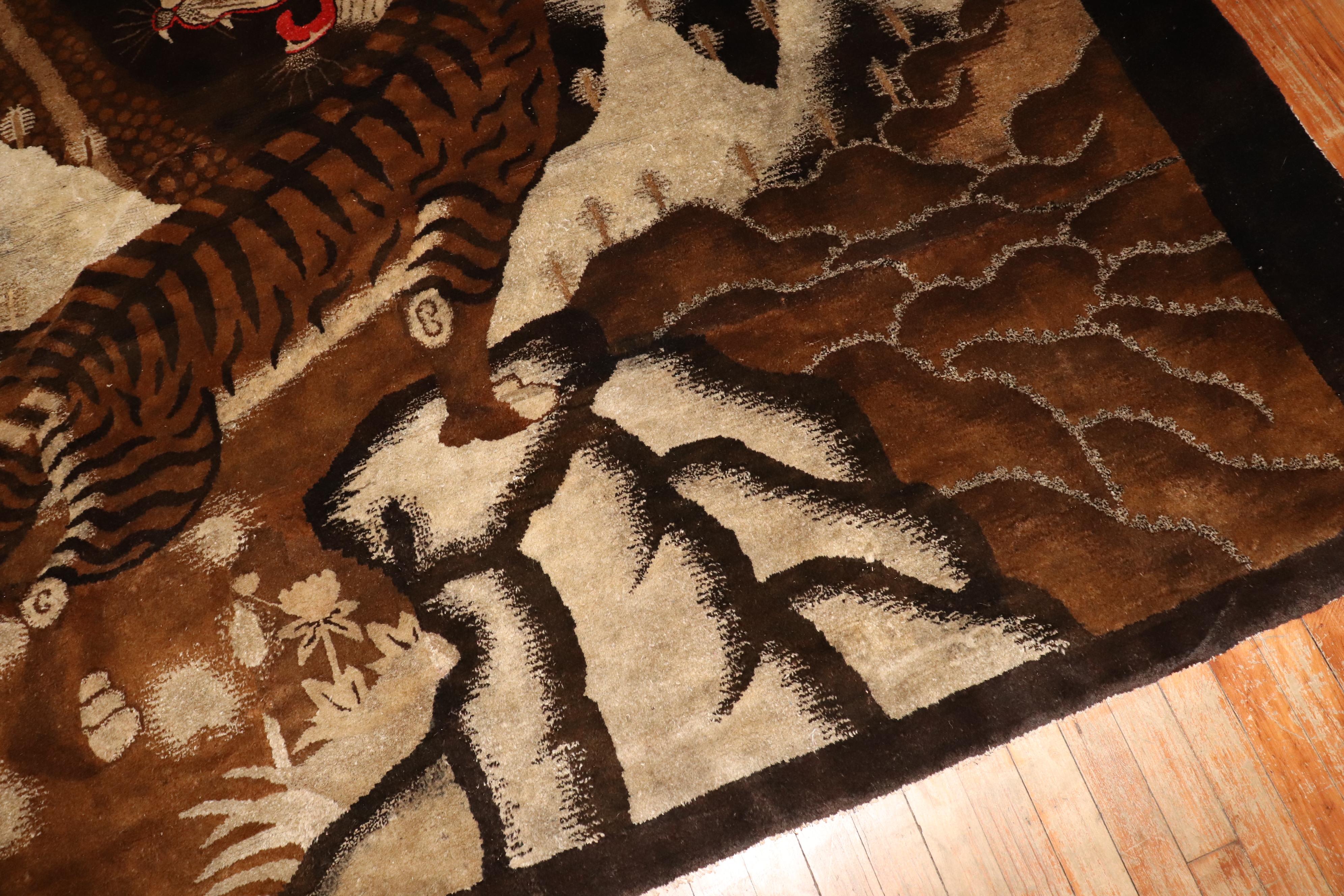 Zabihi Collection Rare Antique Chinese Tiger Pictorial Large Square Rug In Good Condition For Sale In New York, NY