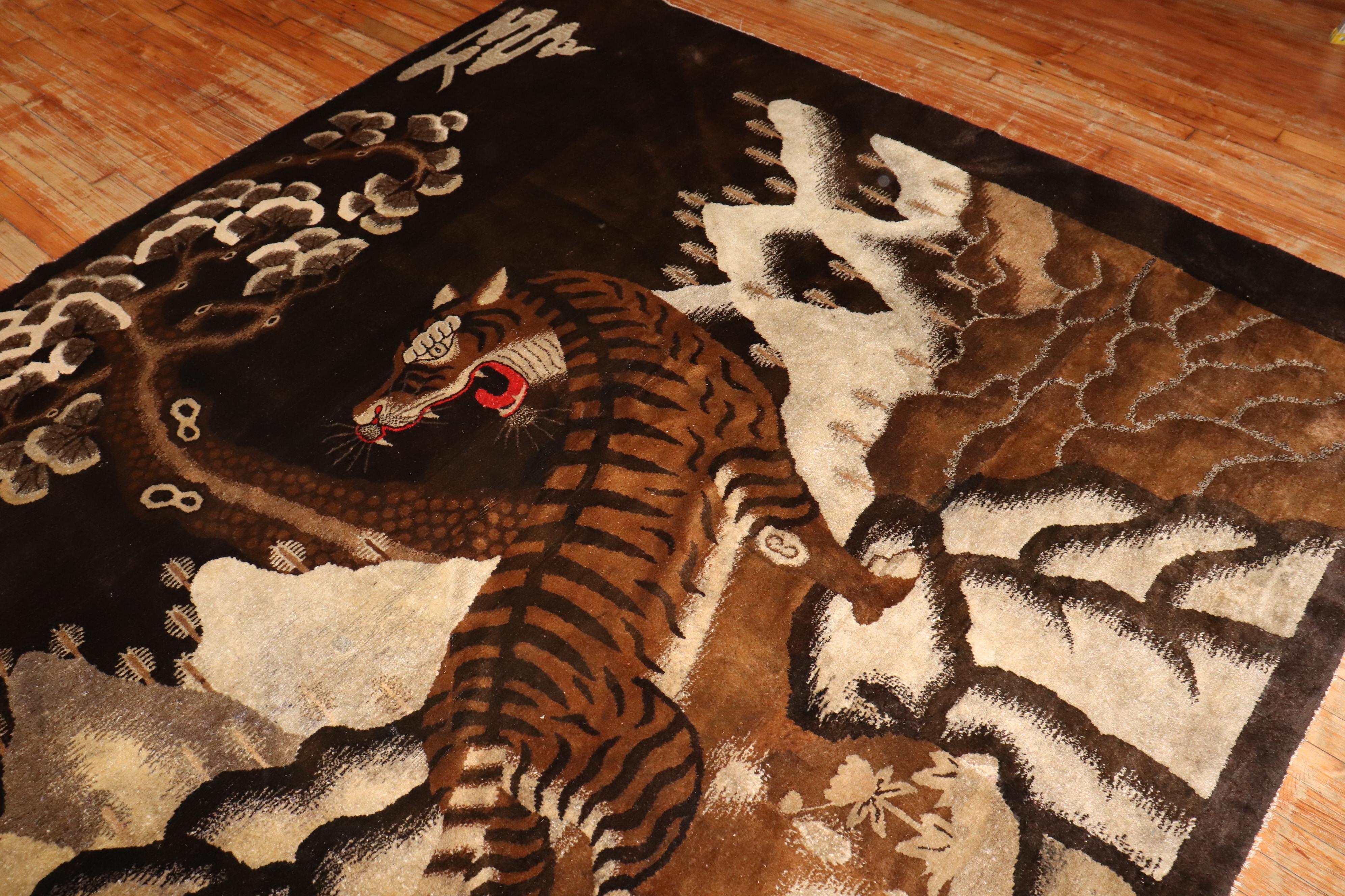 Zabihi Collection Rare Antique Chinese Tiger Pictorial Large Square Rug For Sale 1
