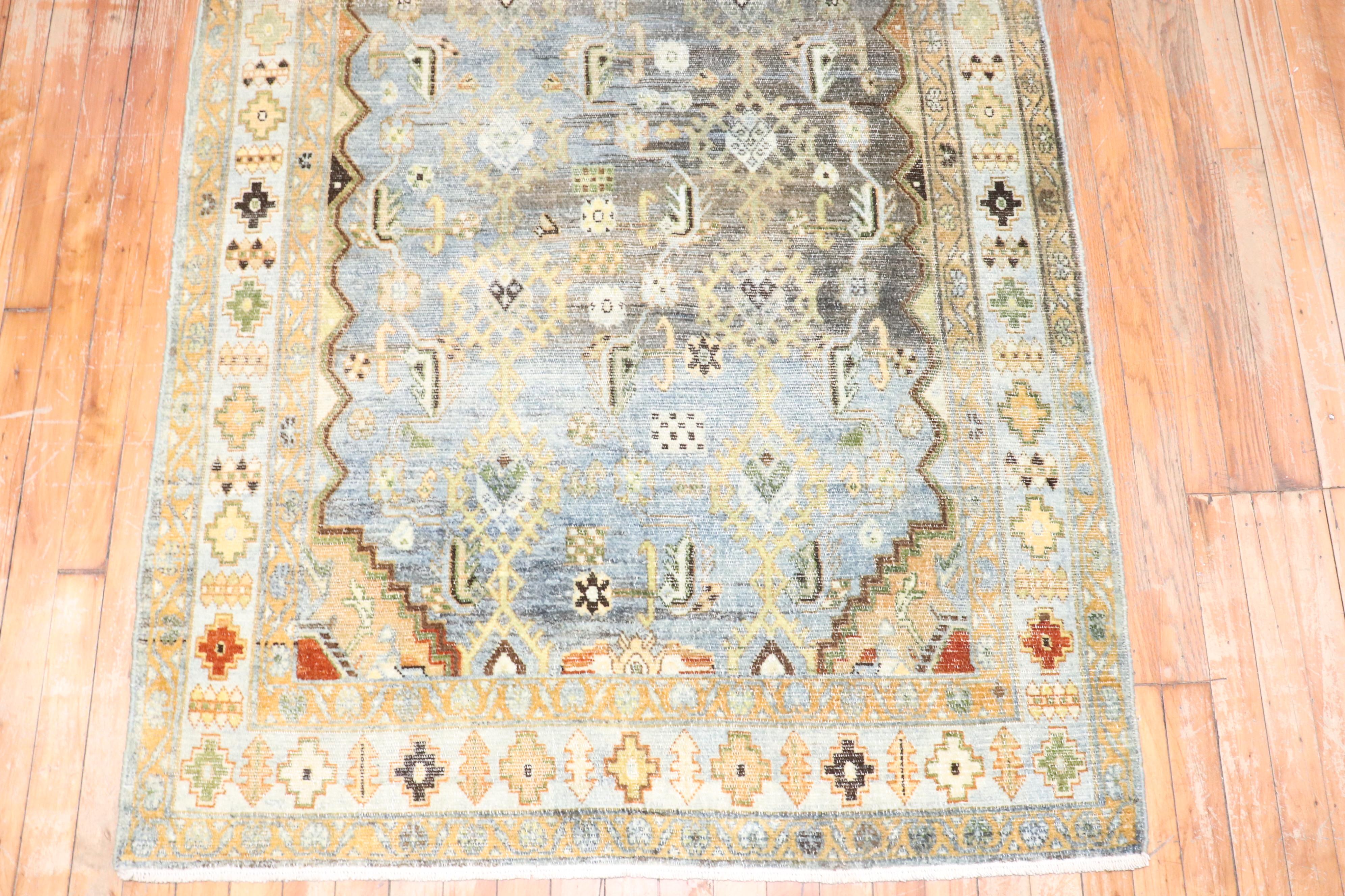 Wool Zabihi Collection Rare Wide Long Green Antique Persian Malayer Runner For Sale
