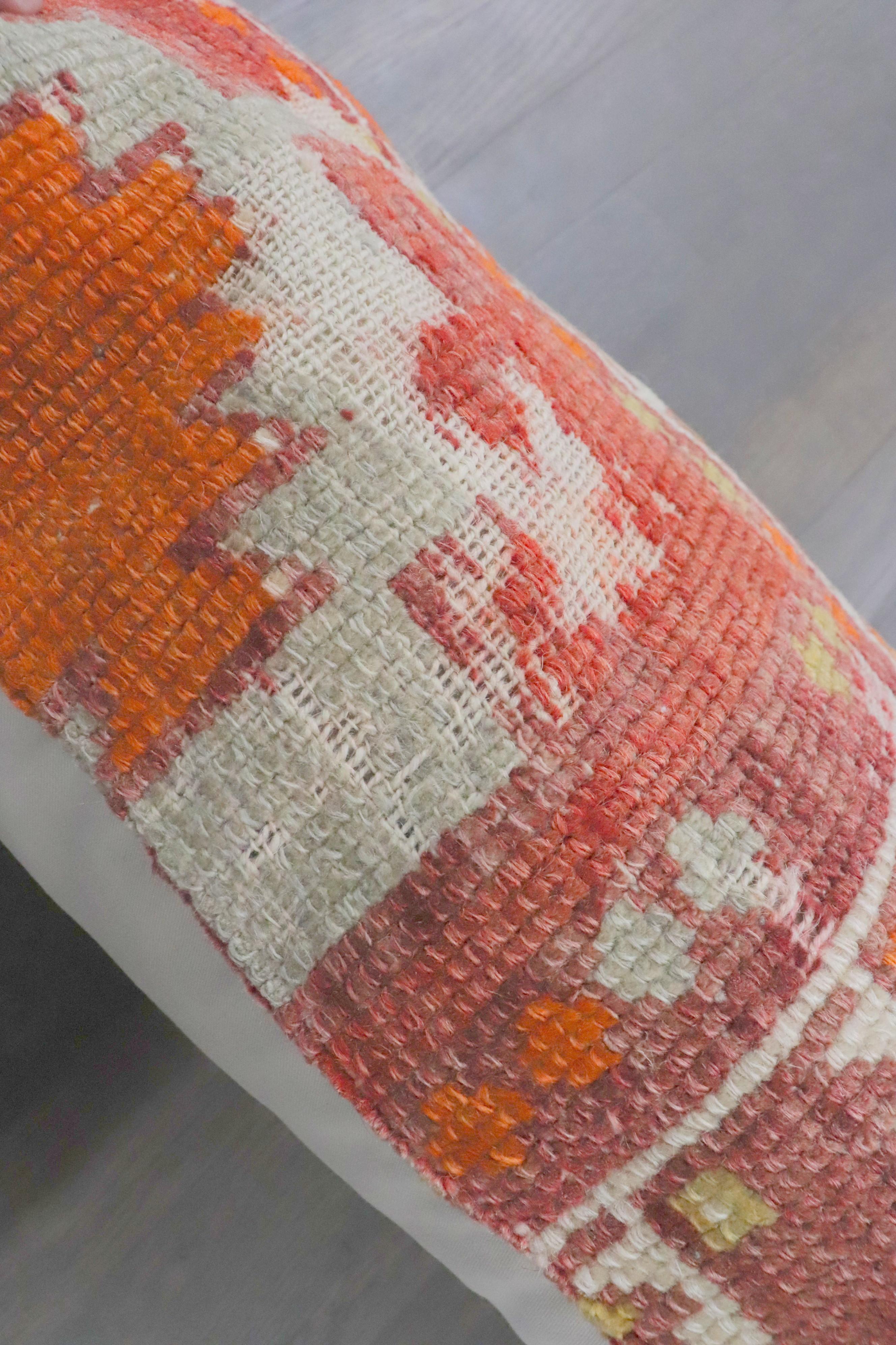 Oushak Zabihi Collection Red Bolster Size Turkish Rug Large Pillow For Sale