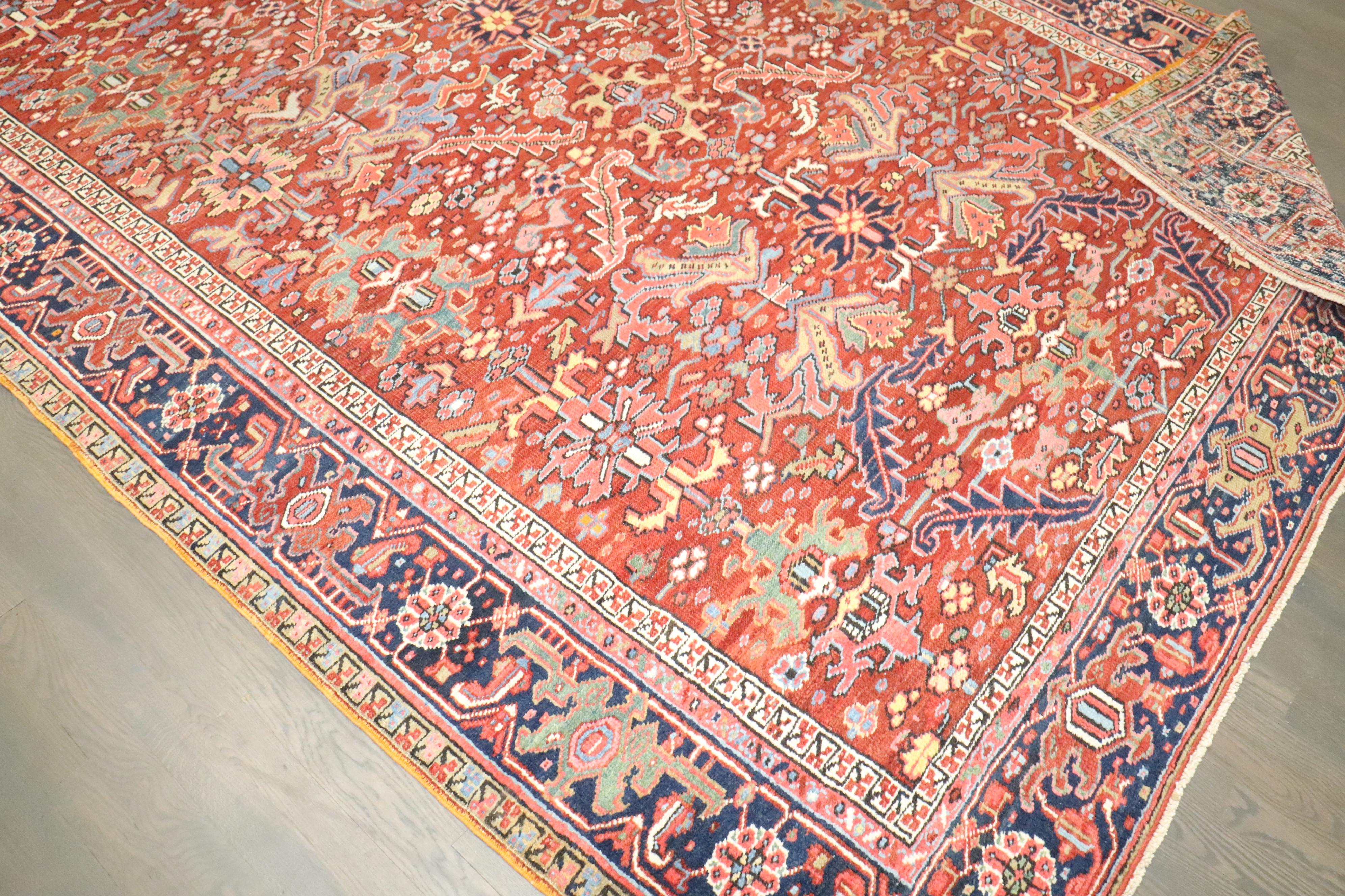 Zabihi Collection Red Colorful Antique Persian Heriz Rug For Sale 5