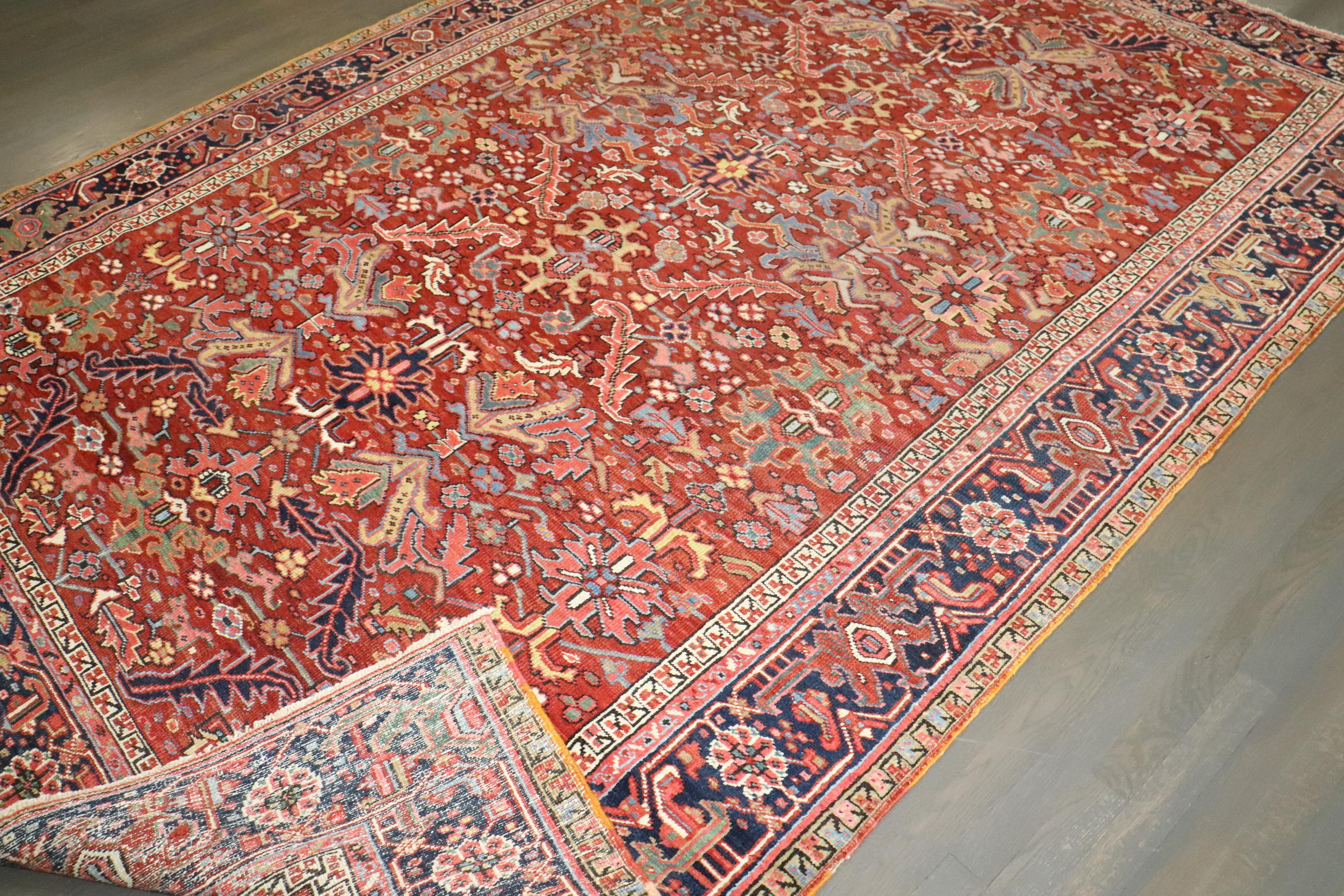 Wool Zabihi Collection Red Colorful Antique Persian Heriz Rug For Sale