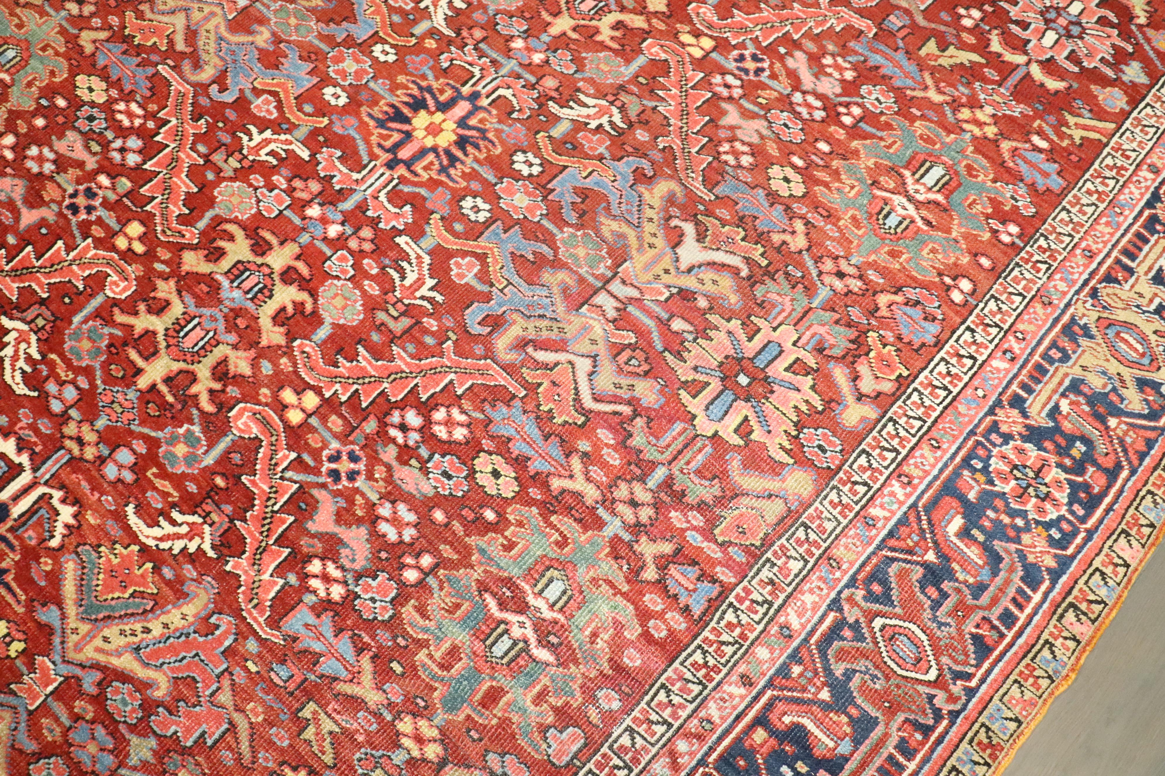 Zabihi Collection Red Colorful Antique Persian Heriz Rug For Sale 2
