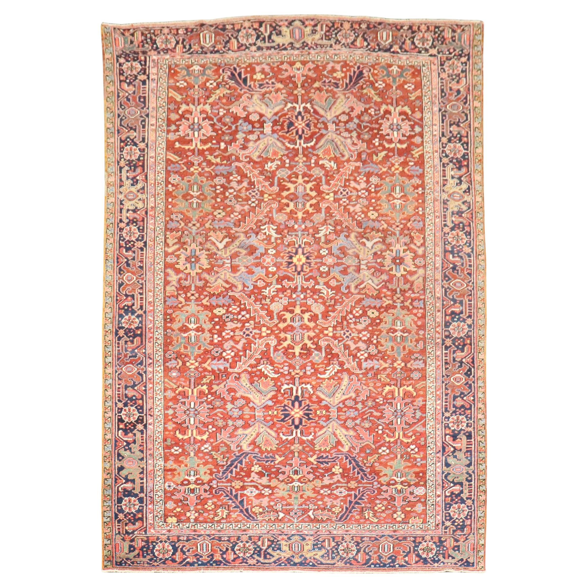 Zabihi Collection Red Colorful Antique Persian Heriz Rug For Sale