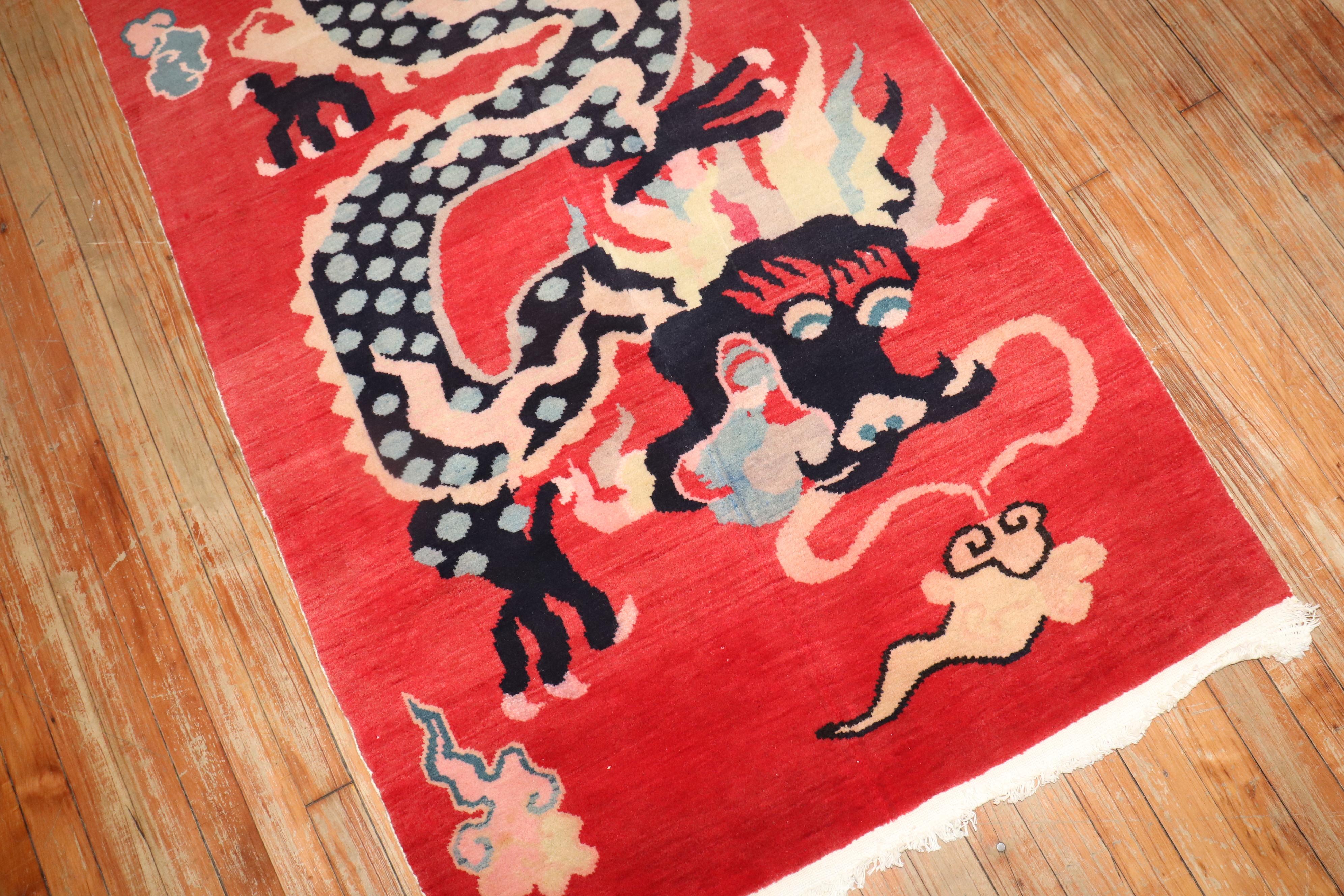 Folk Art Zabihi Collection Red Dragon Vintage Tibetan Rug For Sale