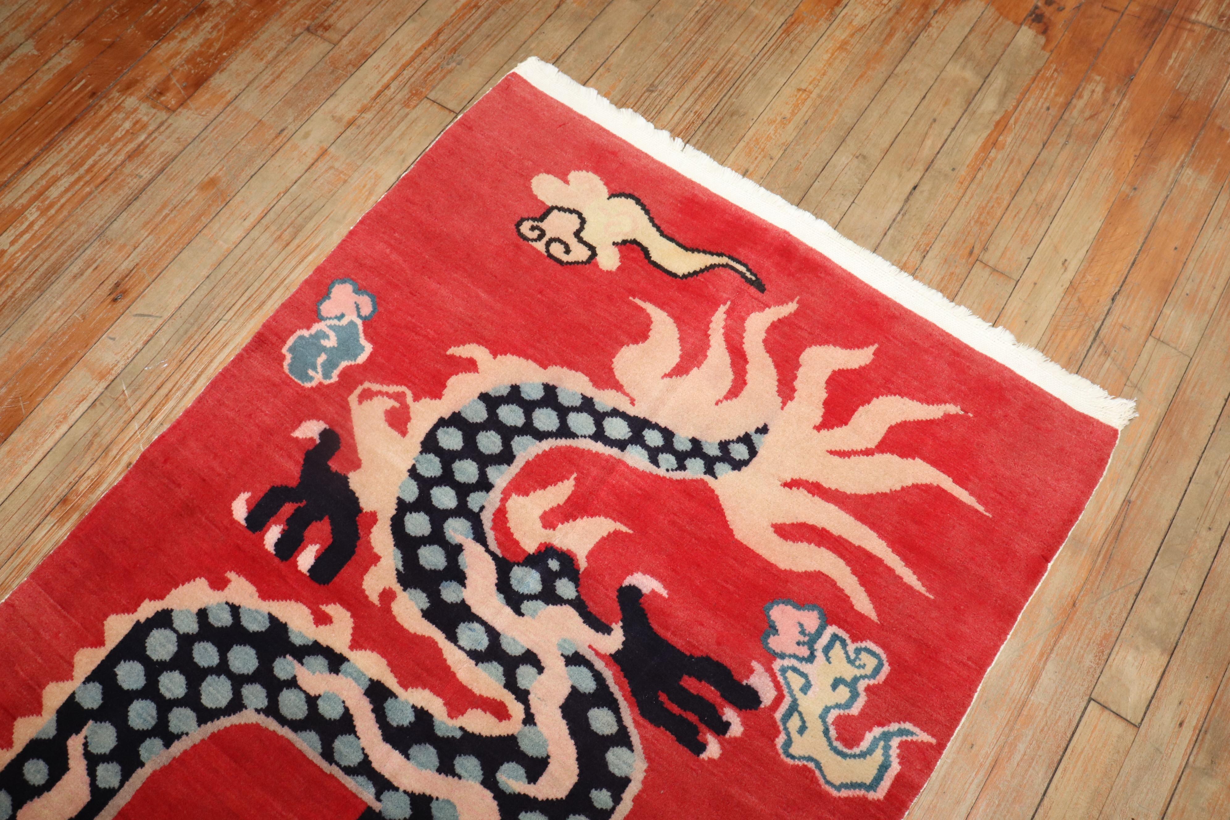 Hand-Knotted Zabihi Collection Red Dragon Vintage Tibetan Rug For Sale