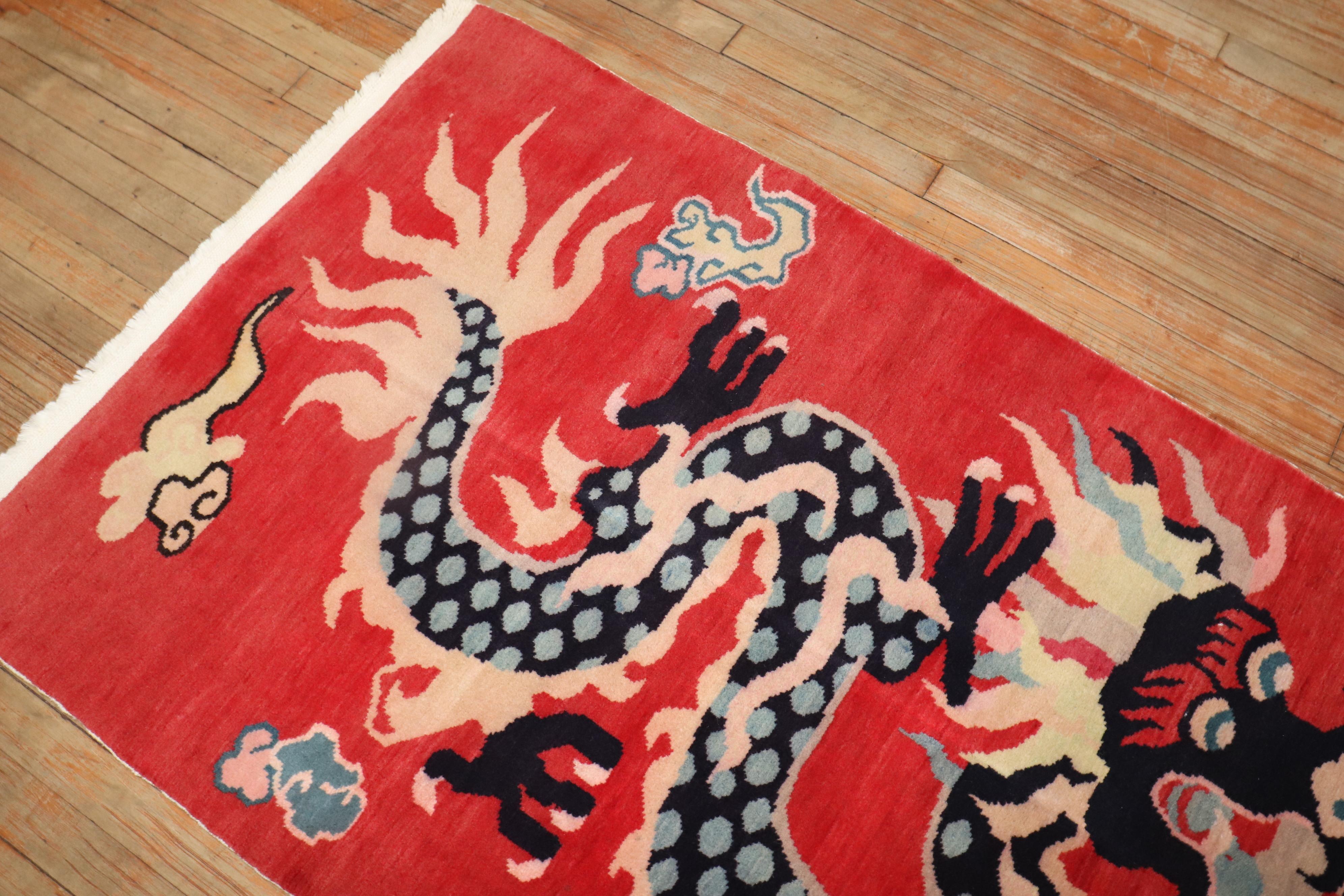 Zabihi Collection Red Dragon Vintage Tibetan Rug In Good Condition For Sale In New York, NY