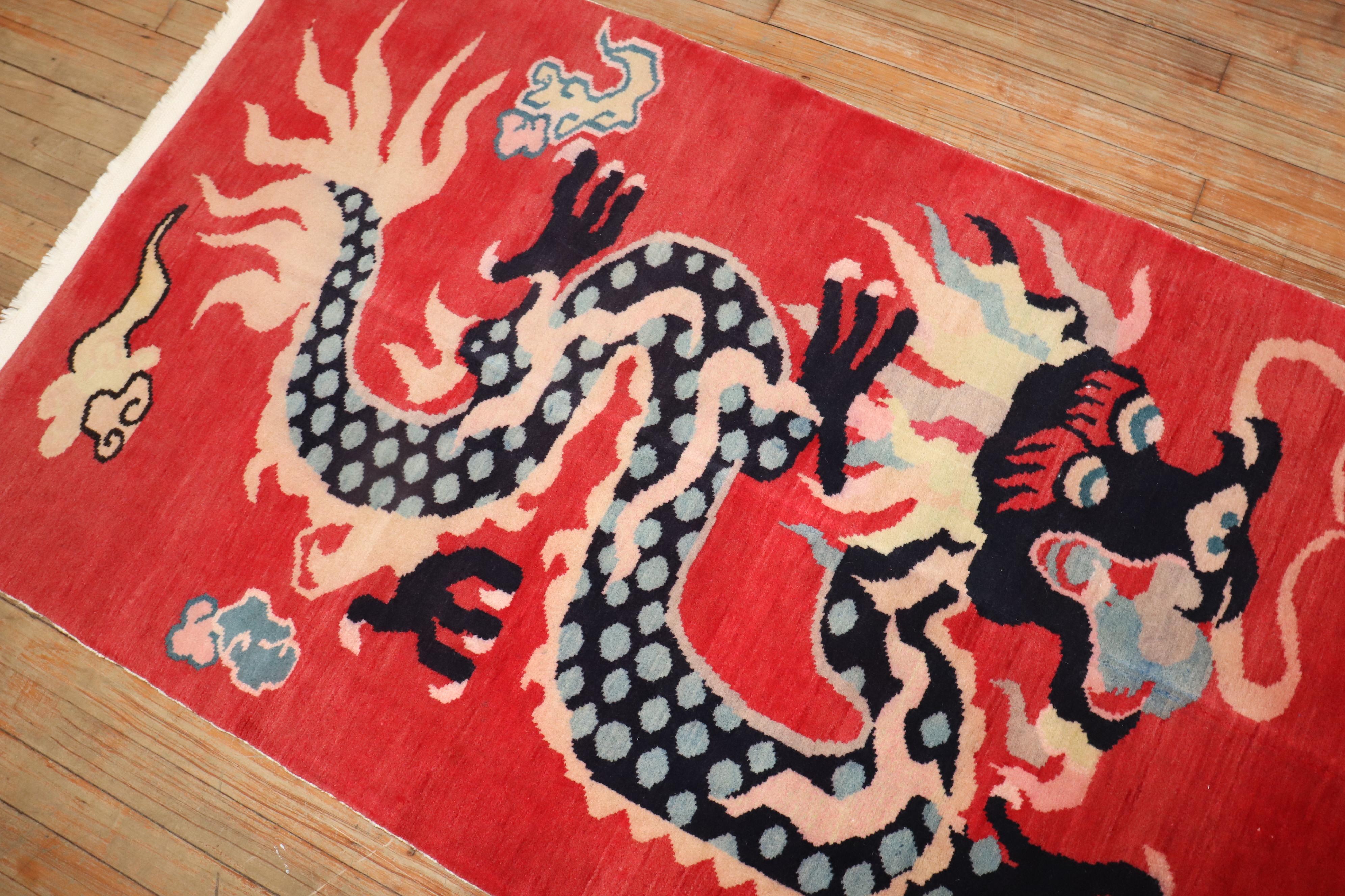 20th Century Zabihi Collection Red Dragon Vintage Tibetan Rug For Sale