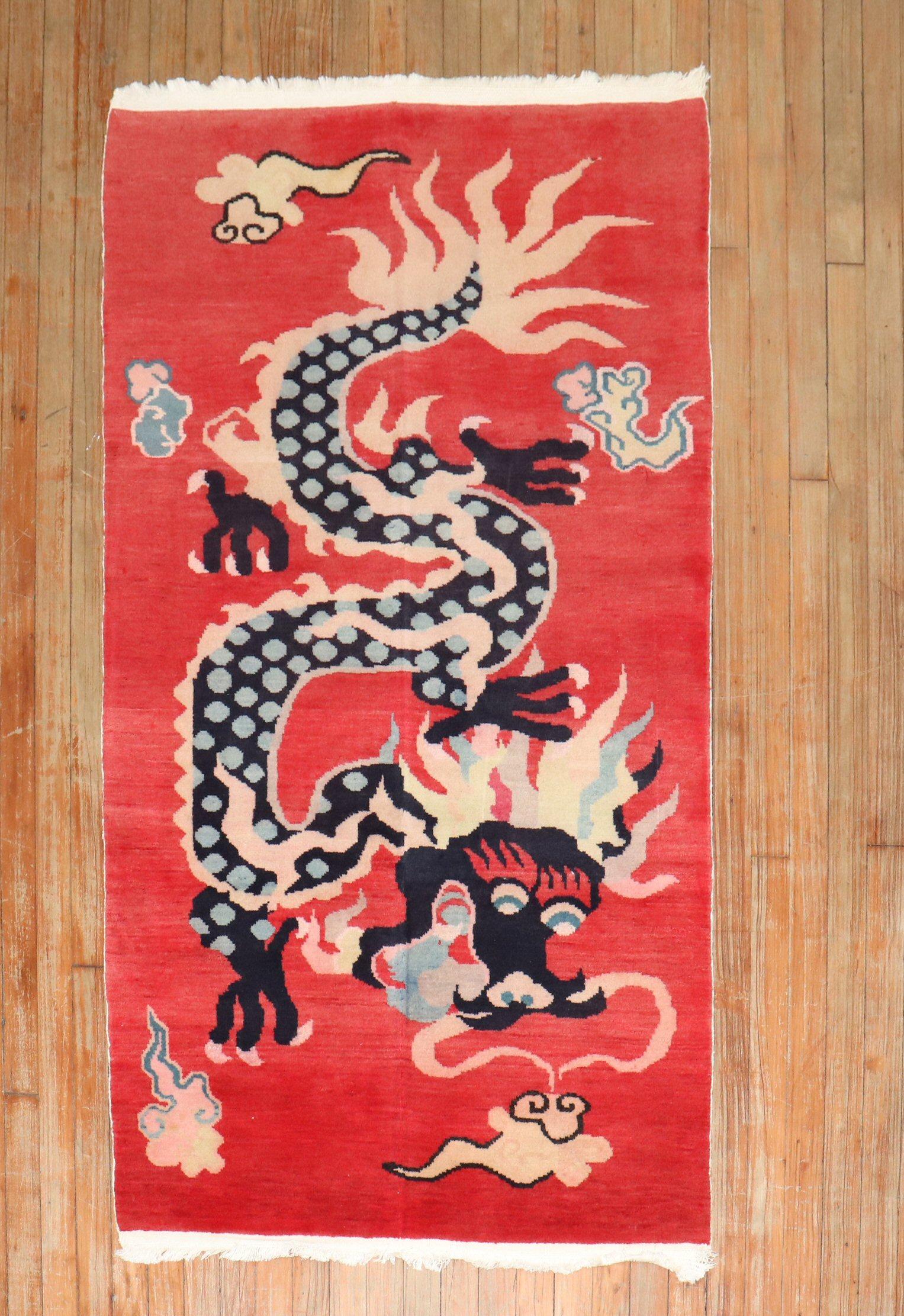Wool Zabihi Collection Red Dragon Vintage Tibetan Rug For Sale
