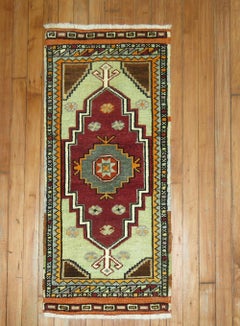 Zabihi Collection'S Rosso Verde Vintage Anatolian Turkish Mini Rug