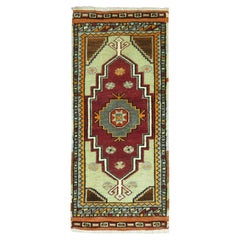 Zabihi Collection Red Green Vintage Anatolian Turkish Mini Rug