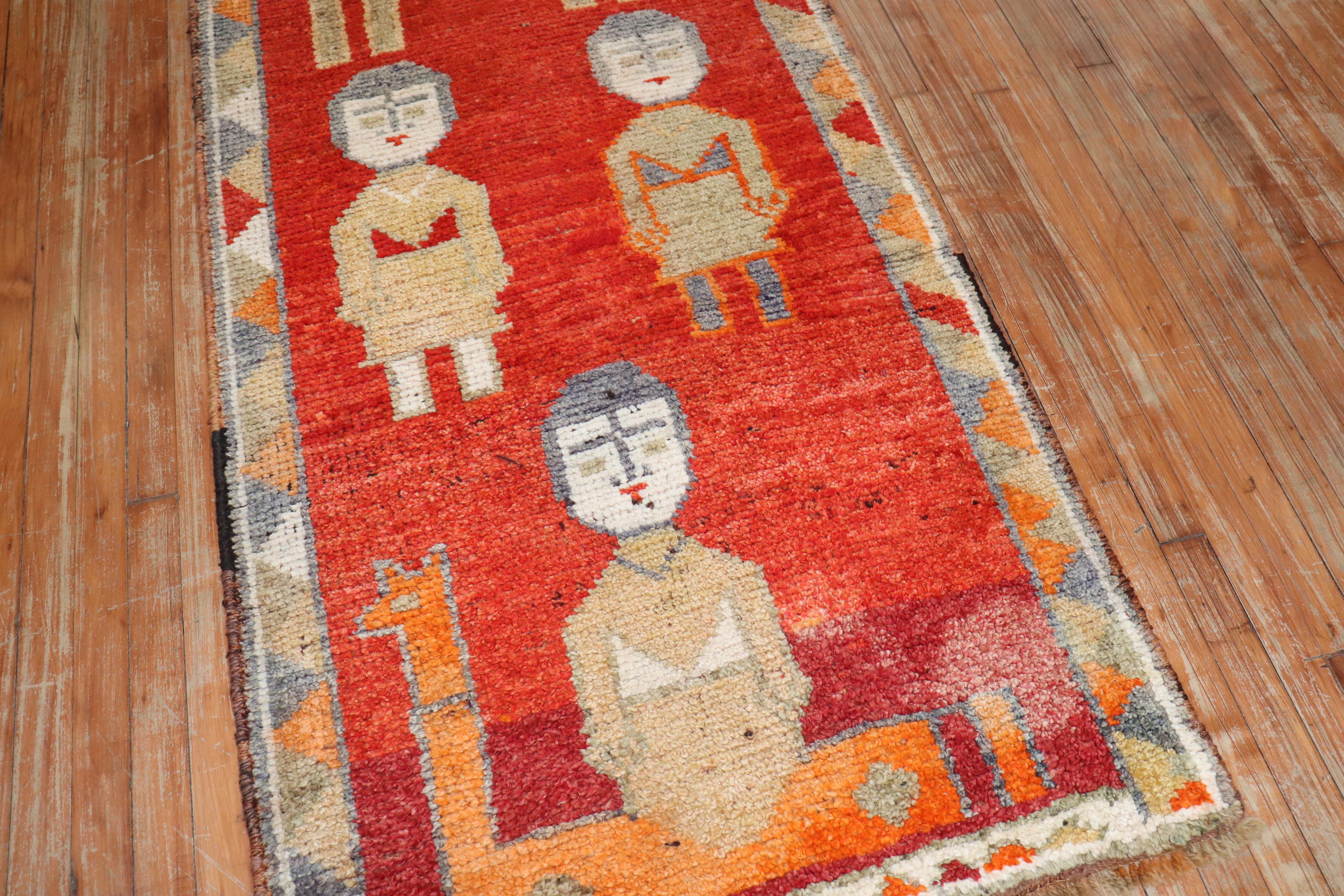Wool Zabihi Collection Red Vintage Turkish Pictorial Anatolian Runner For Sale