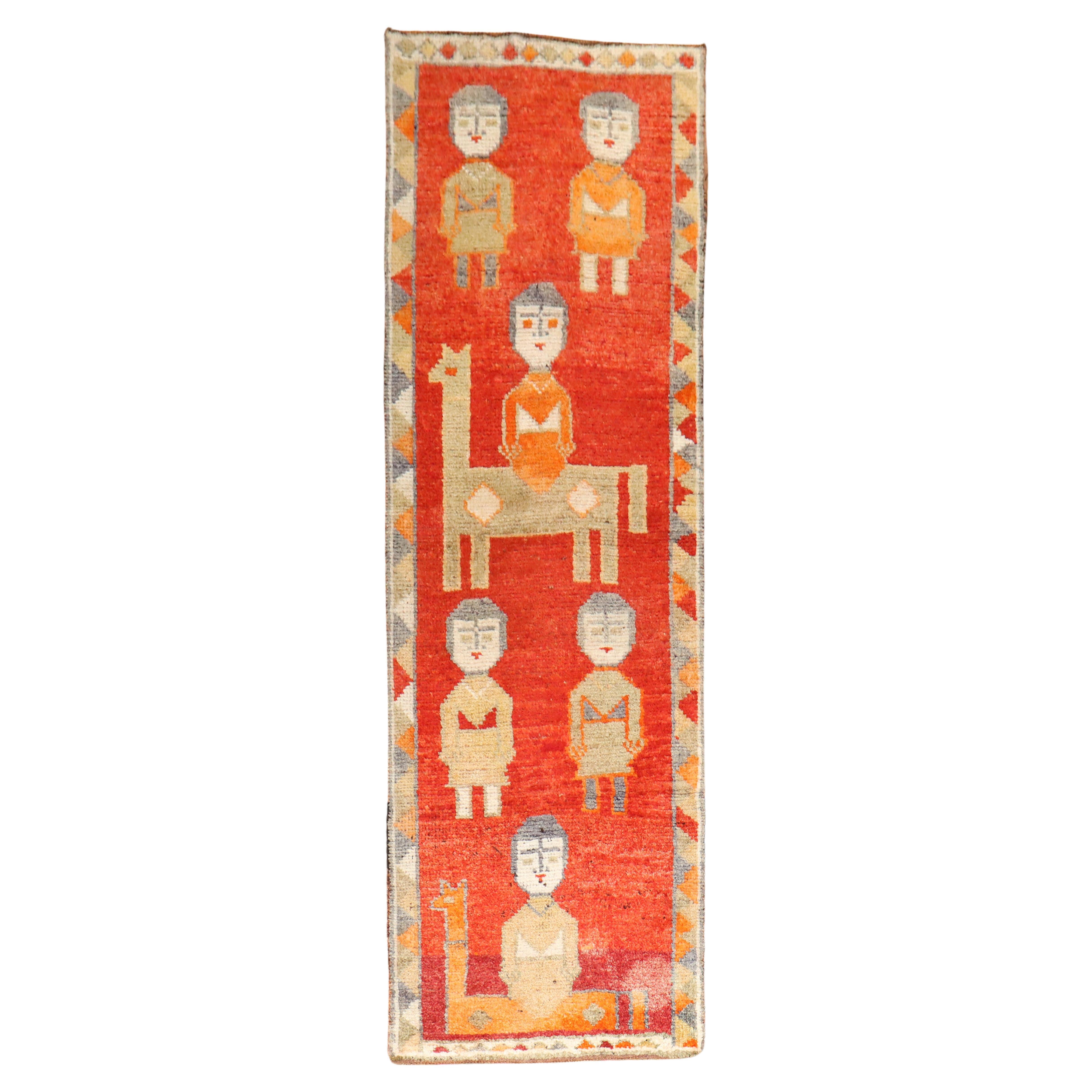 Zabihi Collection Red Vintage Turkish Pictorial Anatolian Runner For Sale