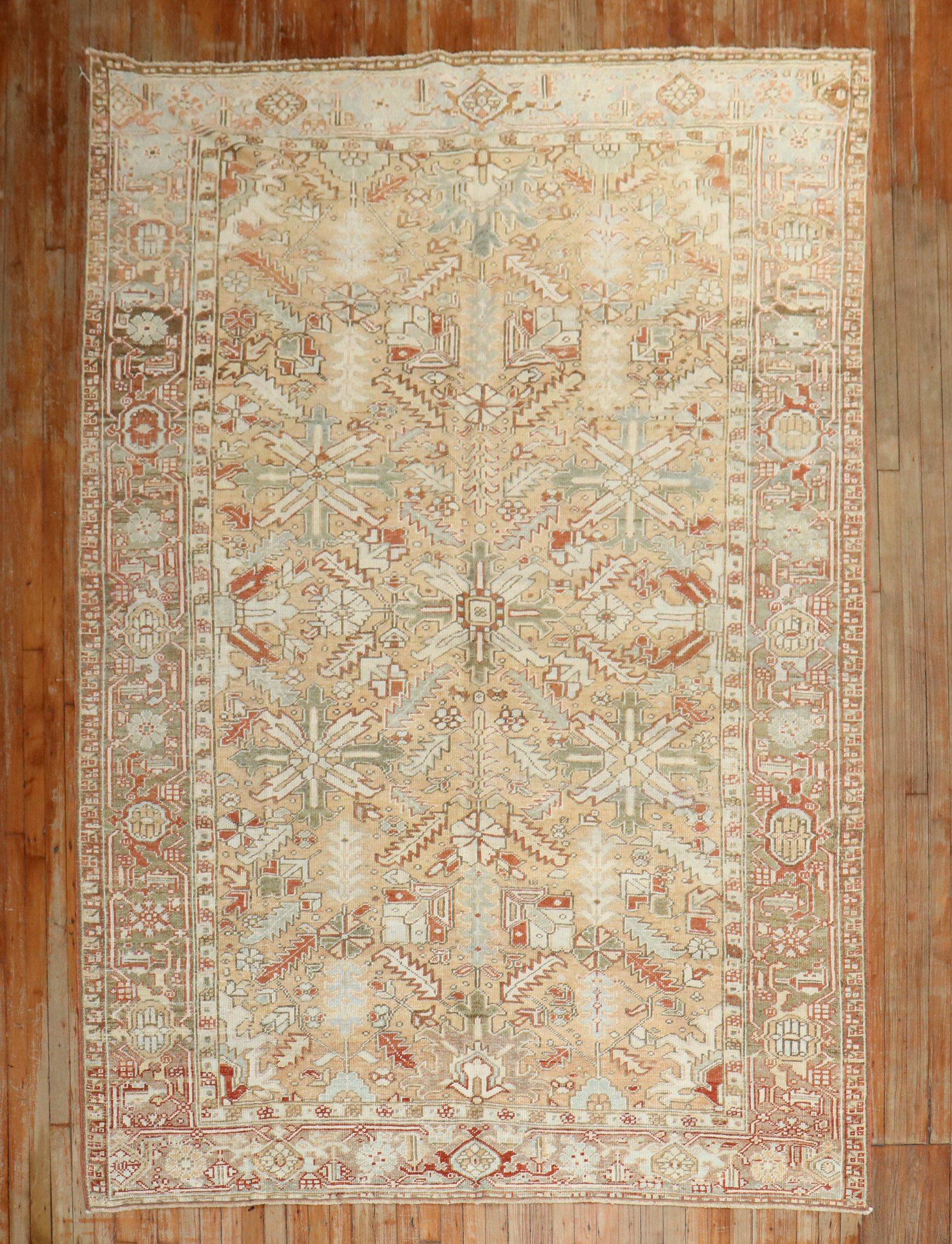A room size 2nd quarter of the 20th Century Persian Heriz Room Size Rug

6'10'' x 9'10''


With distinctive large scale motifs and a wide ranging palette of warm colors, the antique Heriz carpet is probably the most popular of the Persian village