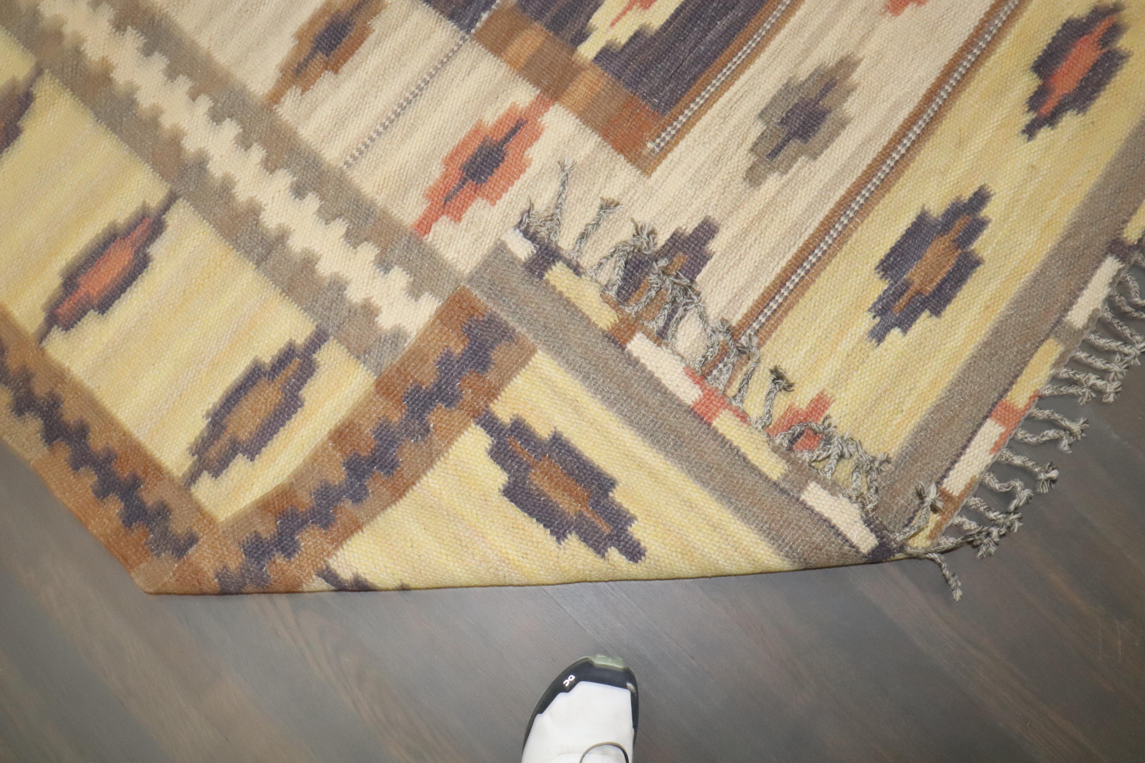 20th Century Zabihi Collection Room Size Rustic Swedish Kilim For Sale
