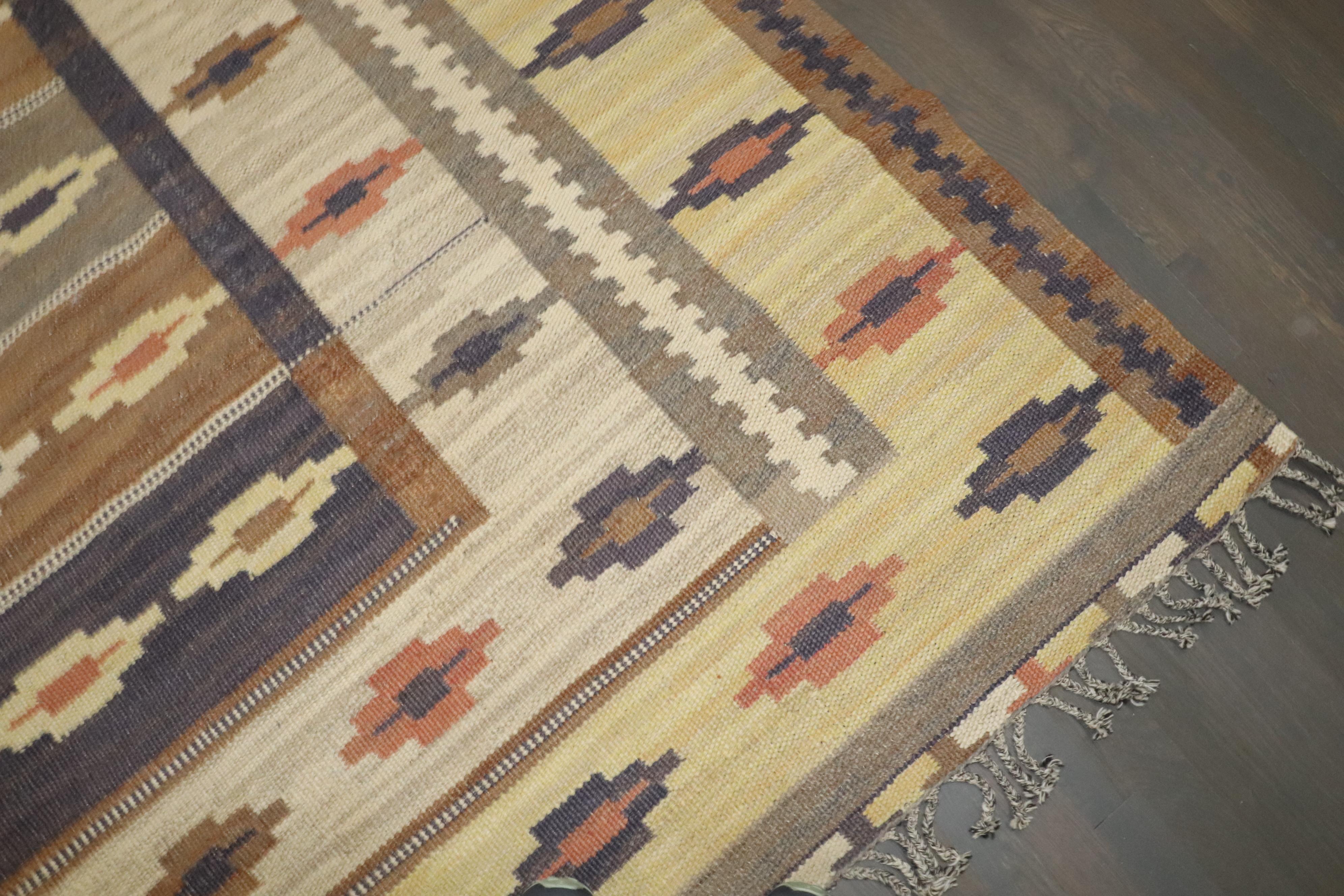 Wool Zabihi Collection Room Size Rustic Swedish Kilim For Sale
