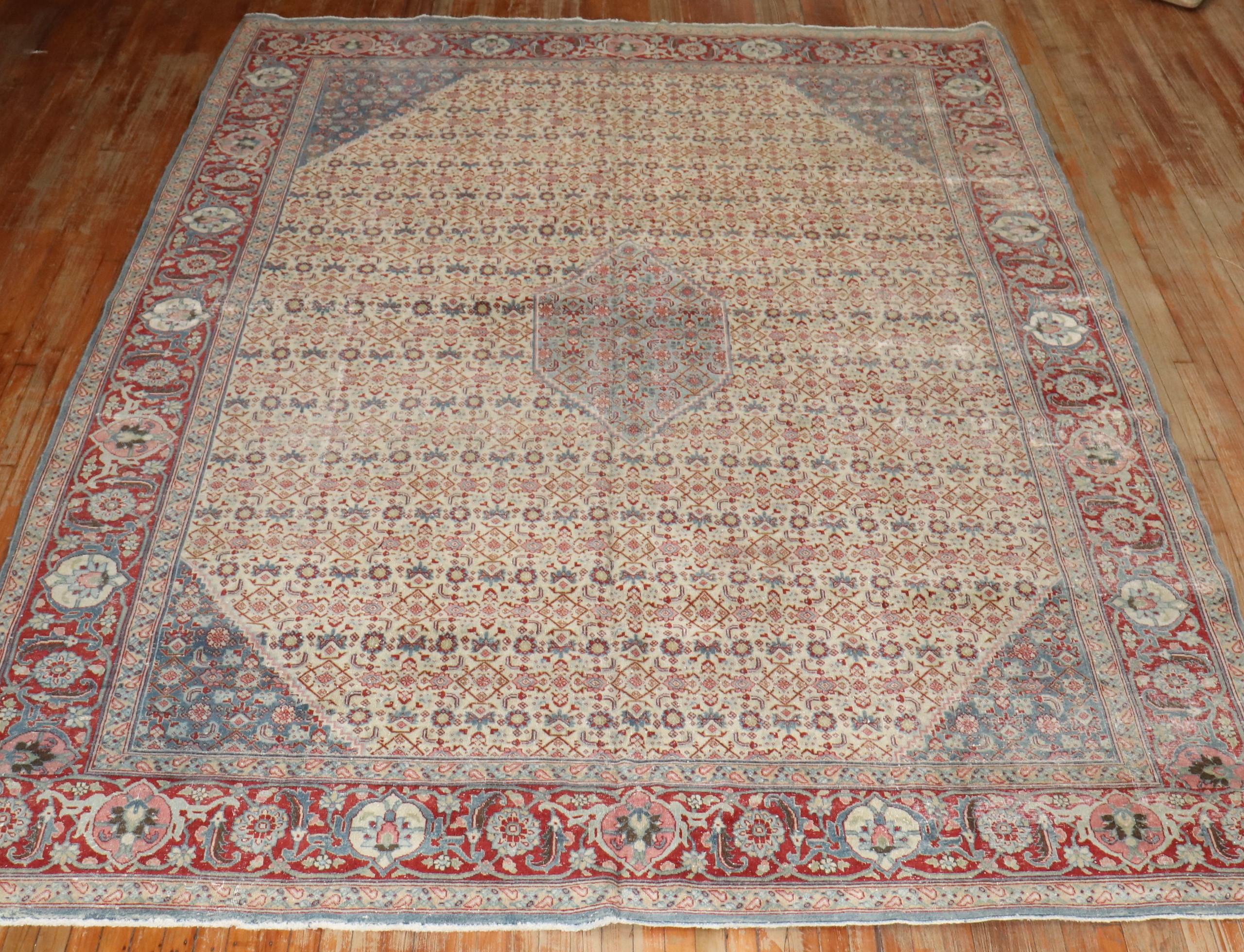 Zabihi Collection Room Size Worn Antique Tabriz Rug For Sale 3