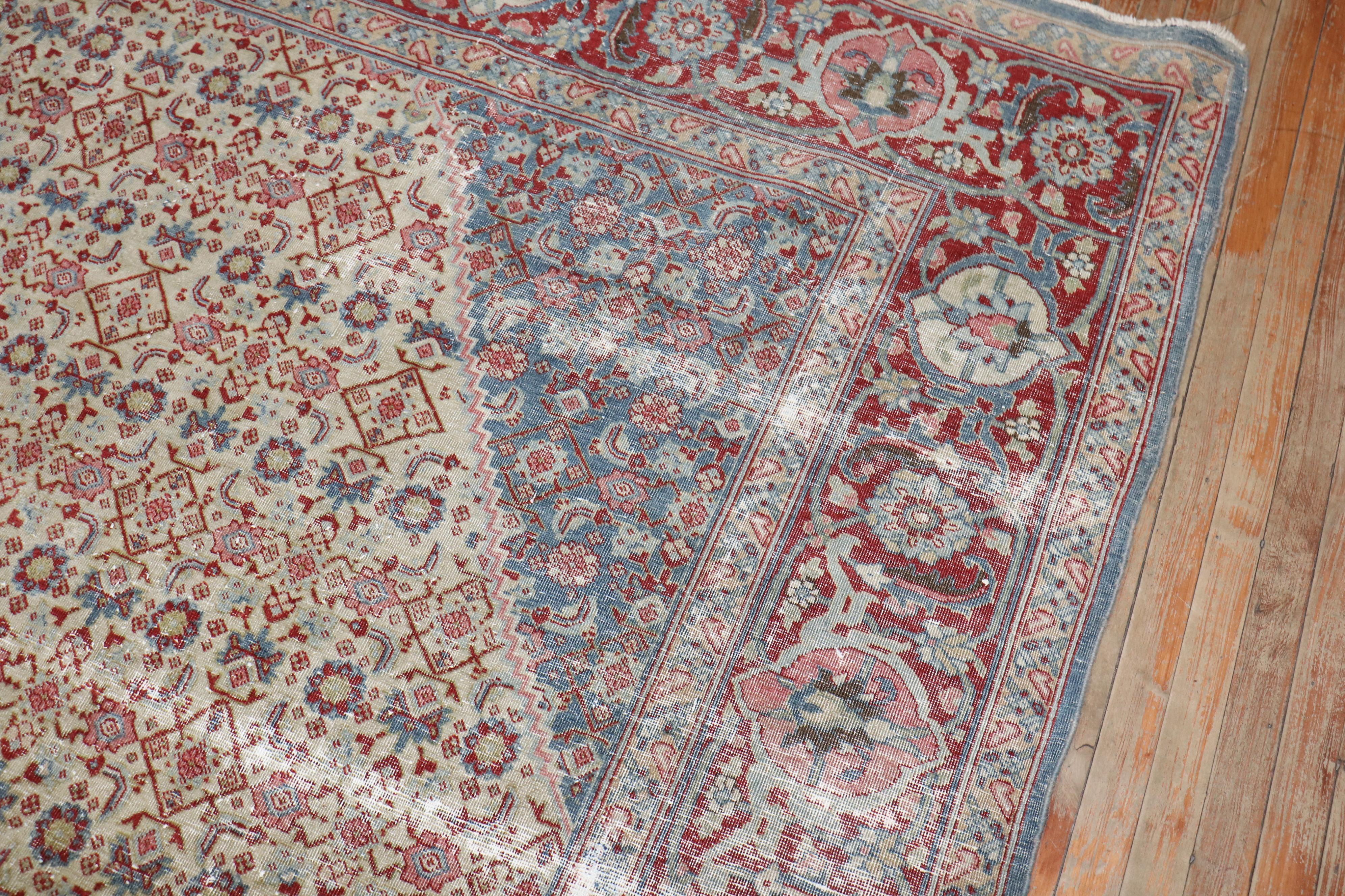 Hand-Knotted Zabihi Collection Room Size Worn Antique Tabriz Rug For Sale