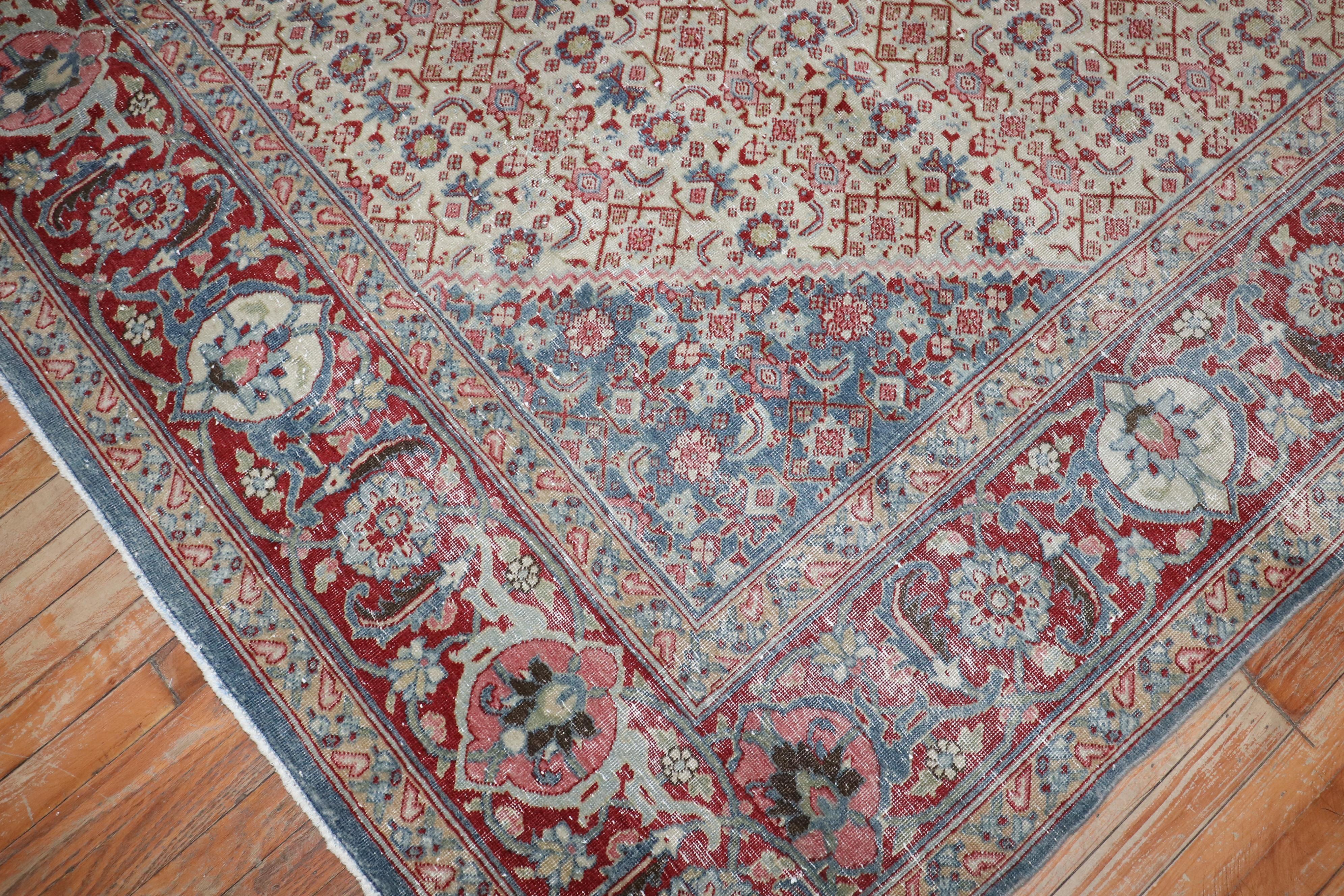 Zabihi Collection Room Size Worn Antique Tabriz Rug In Fair Condition For Sale In New York, NY