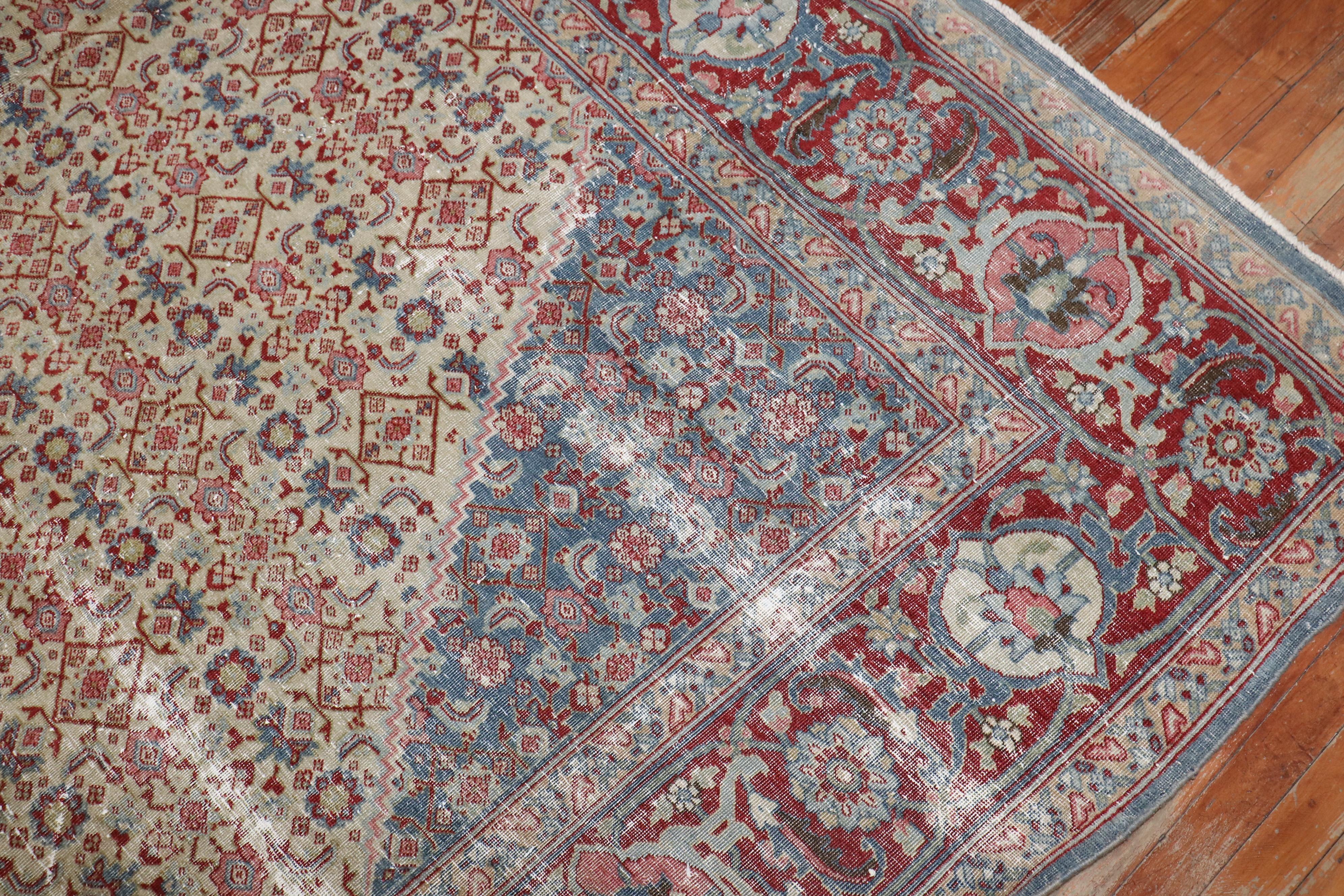 Wool Zabihi Collection Room Size Worn Antique Tabriz Rug For Sale